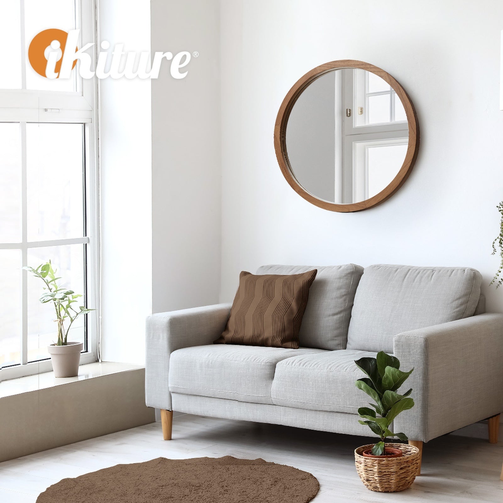 Oikiture Wall Mirrors Round Home Decor 50cm Walnut Set of 2 - Sunyee
