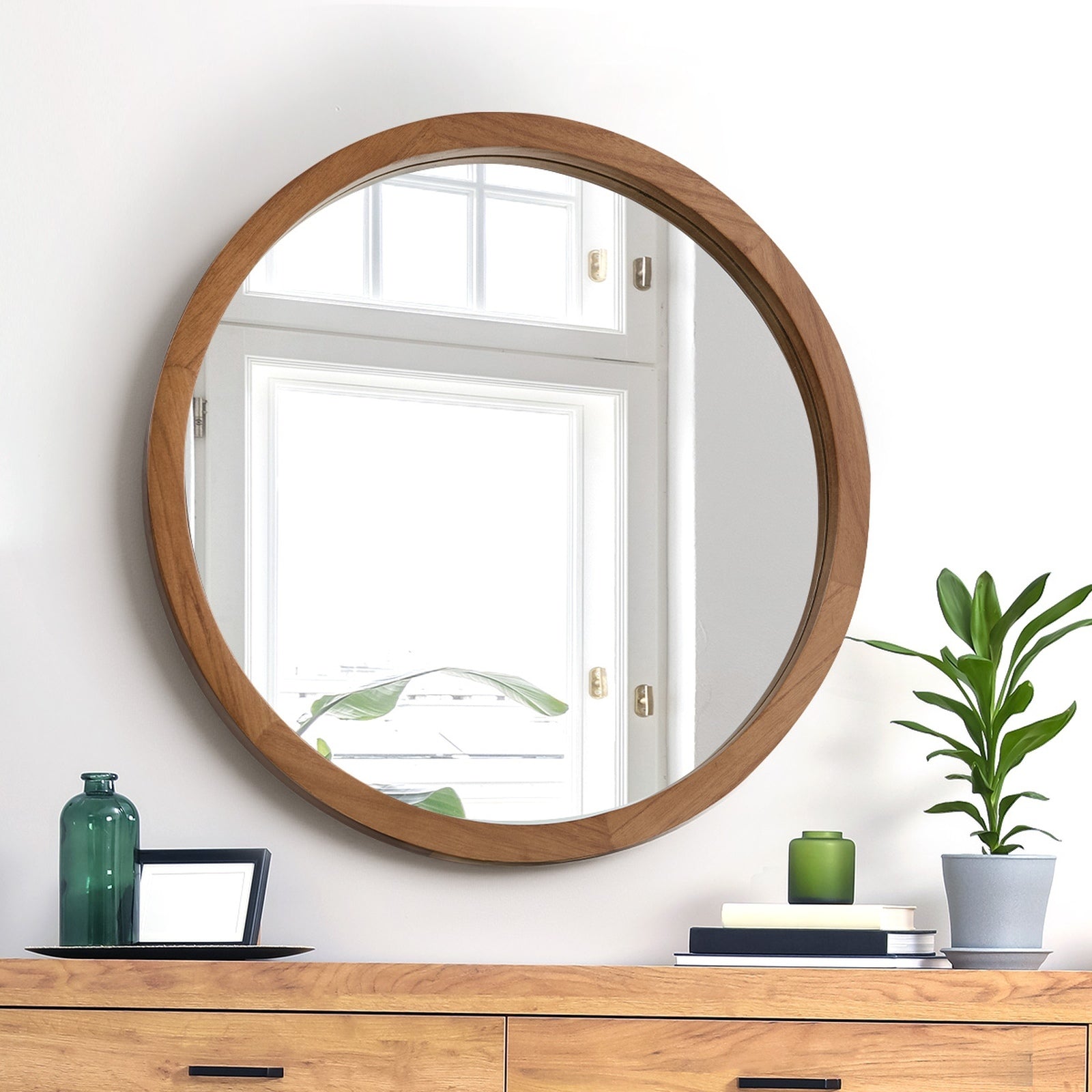 Oikiture Wall Mirrors Round Home Decor 60cm Walnut Set of 2 - Sunyee