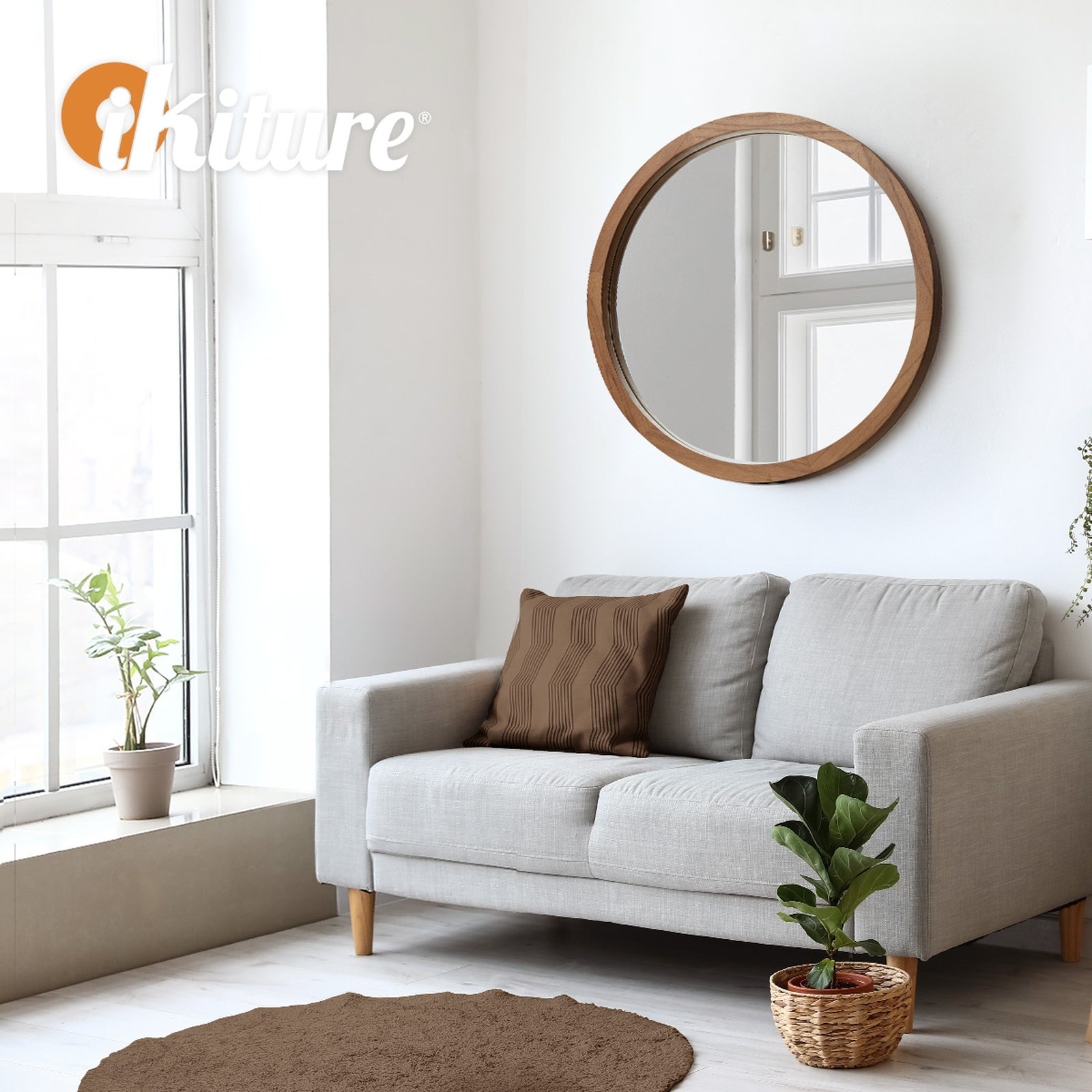 Oikiture Wall Mirrors Round Home Decor 60cm Walnut Set of 2 - Sunyee