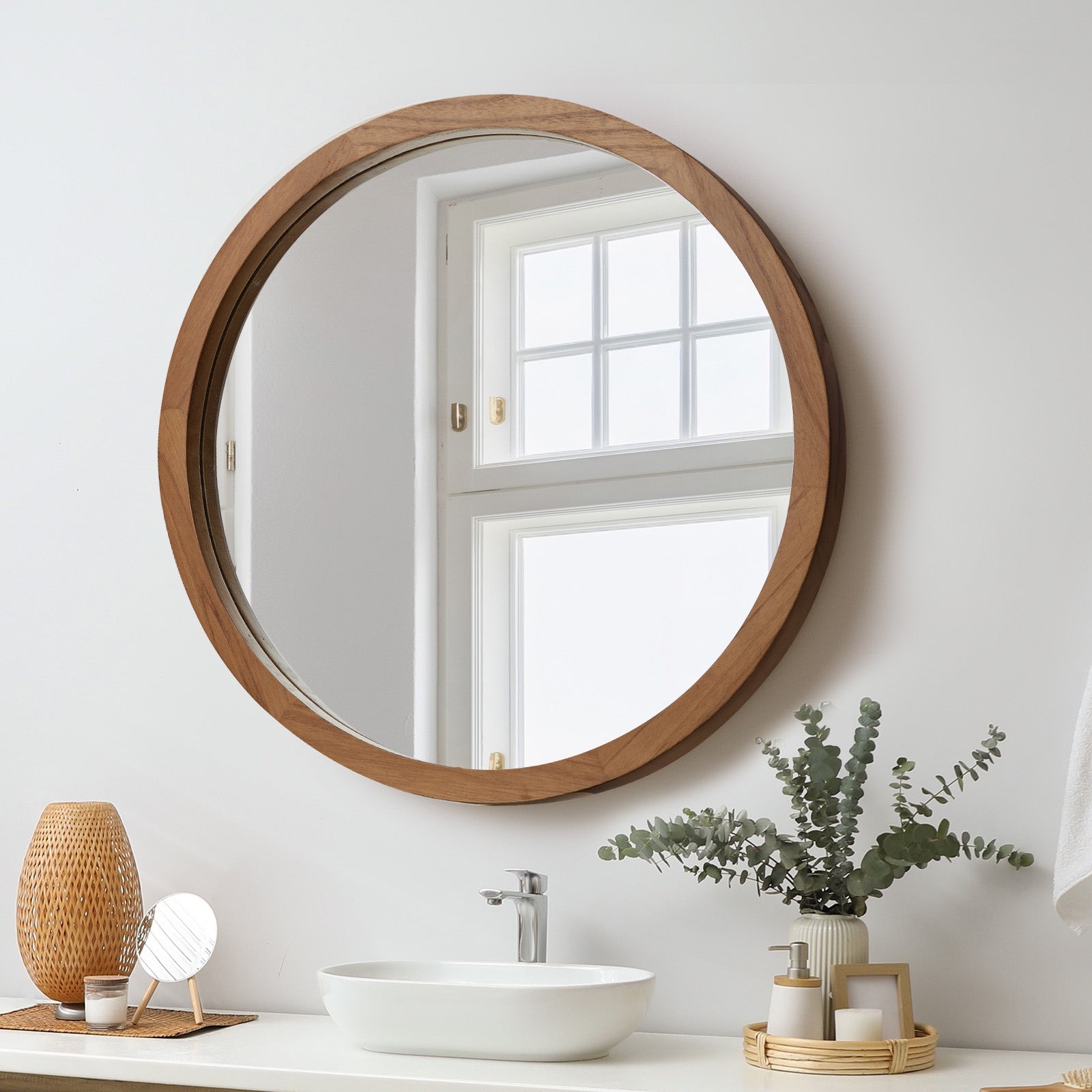 Oikiture Wall Mirrors 70cm Round Makeup Mirror Vanity Home Decor Walnut - Sunyee