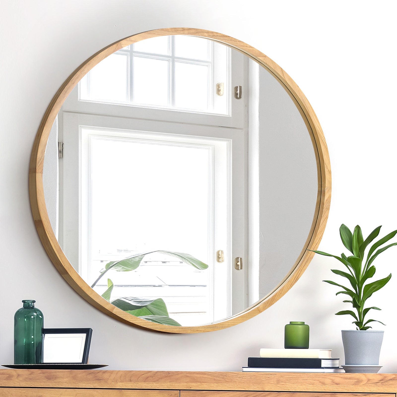 Oikiture Wall Mirrors Round Makeup Mirror Vanity Home Decorative Wooden 80cm