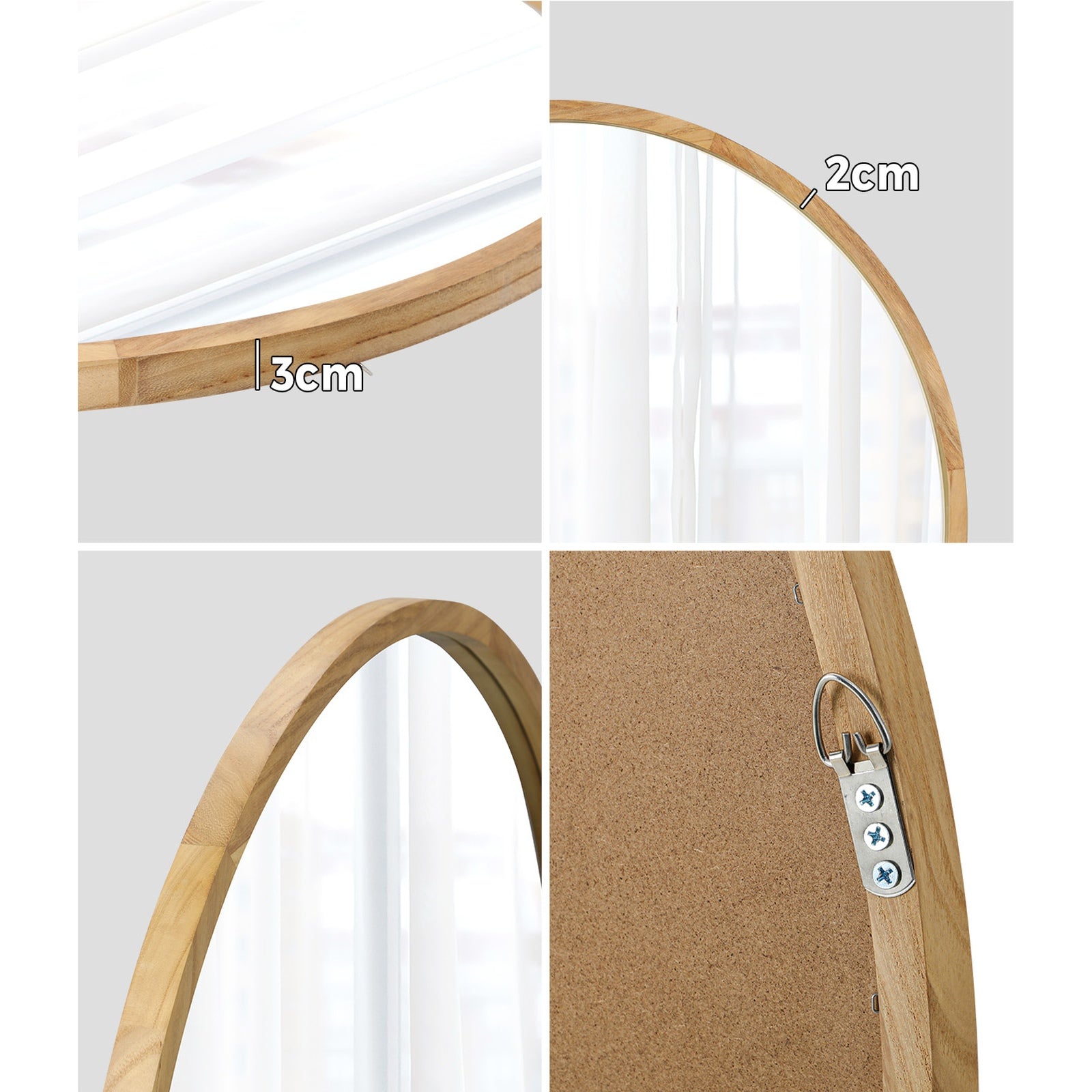 Oikiture Wall Mirrors Round Makeup Mirror Vanity Home Decorative Wooden 80cm