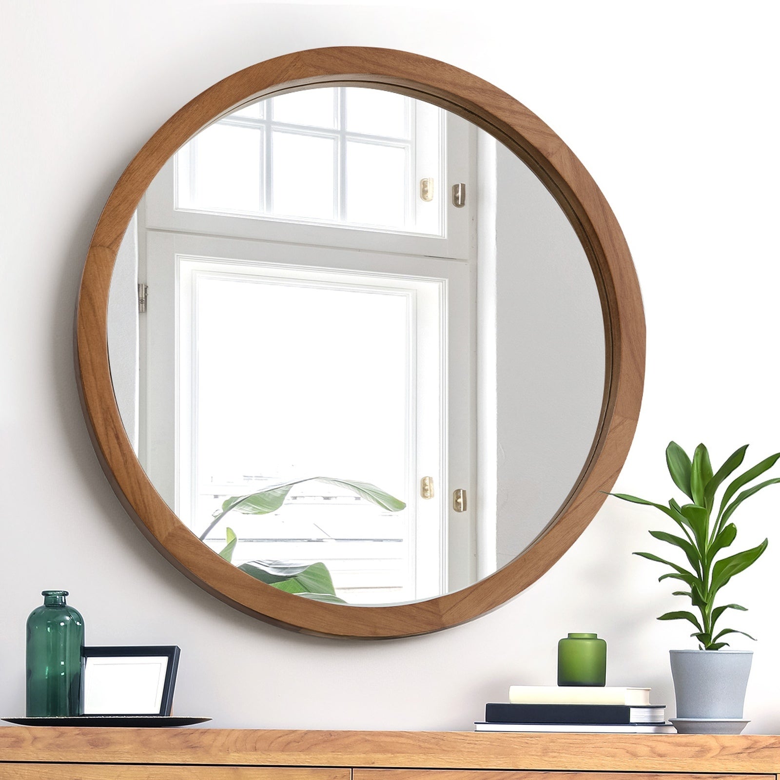 Oikiture Wall Mirrors Round Home Decor 80cm Walnut Set of 2 - Sunyee