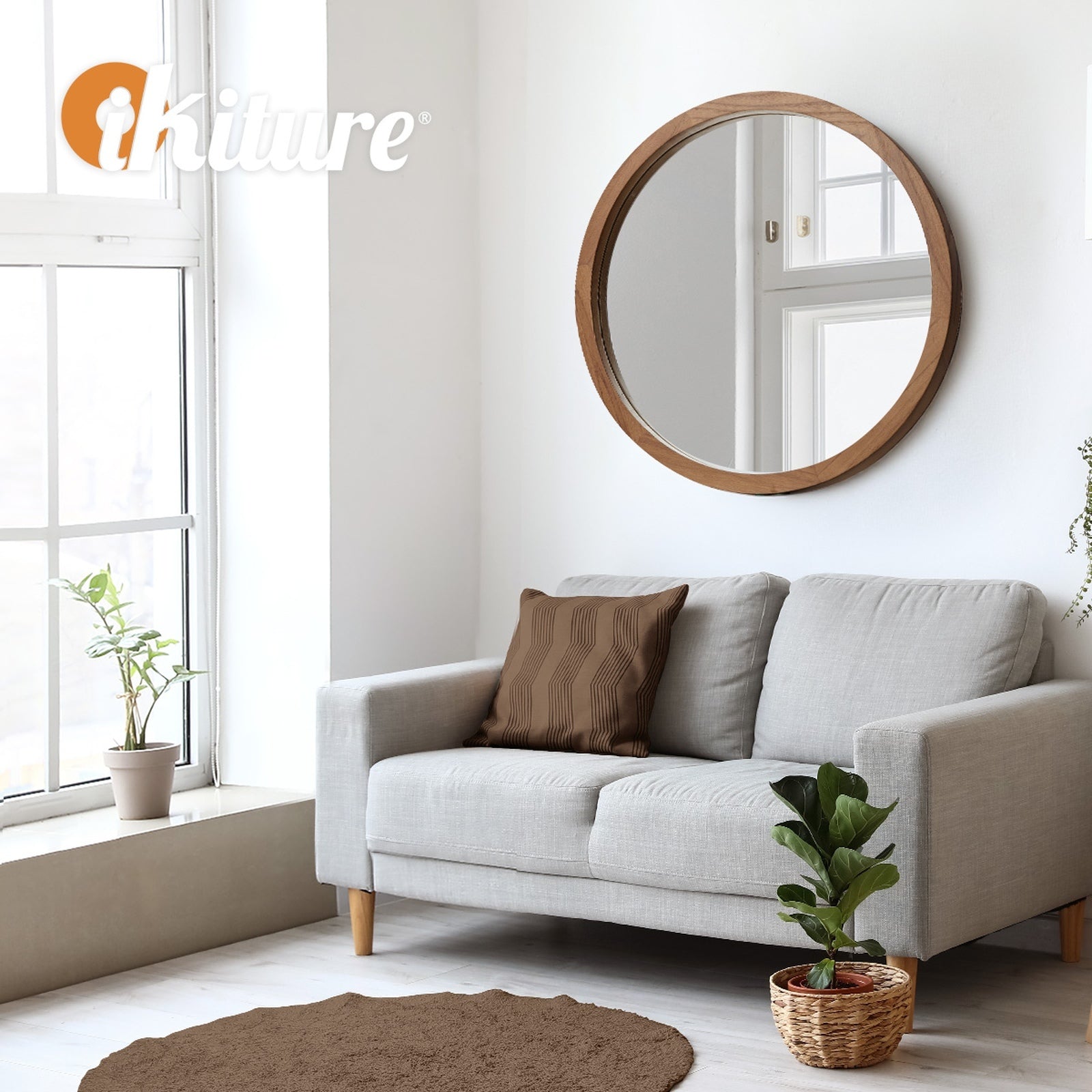 Oikiture Wall Mirrors Round Home Decor 80cm Walnut Set of 2 - Sunyee