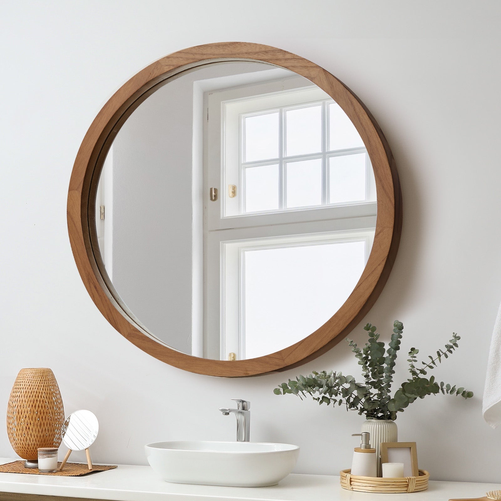 Oikiture Wall Mirrors 80cm Round Makeup Mirror Vanity Home Decor Frame Walnut - Sunyee