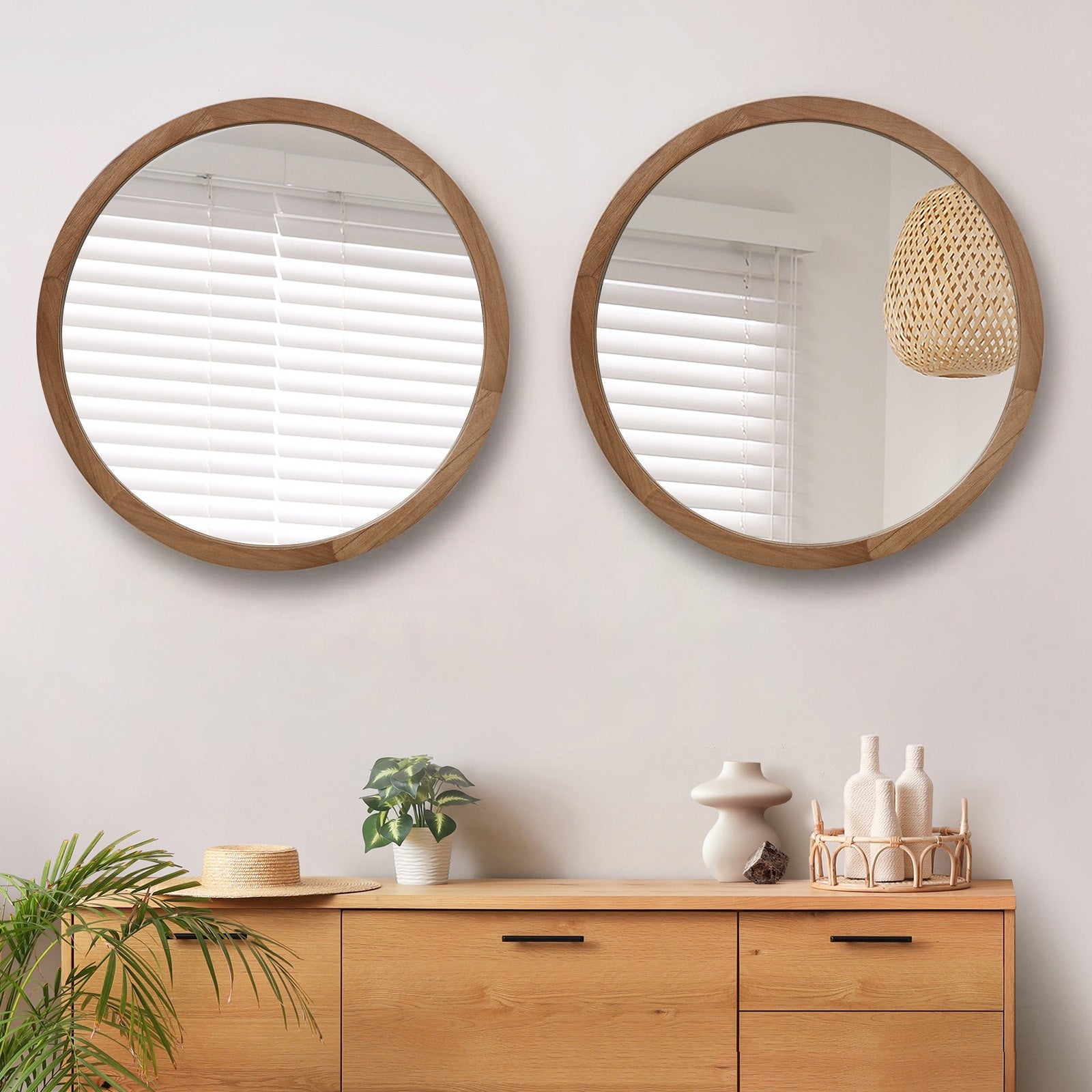 Oikiture Wall Mirrors Round Home Decor 90cm Walnut Set of 2 - Sunyee