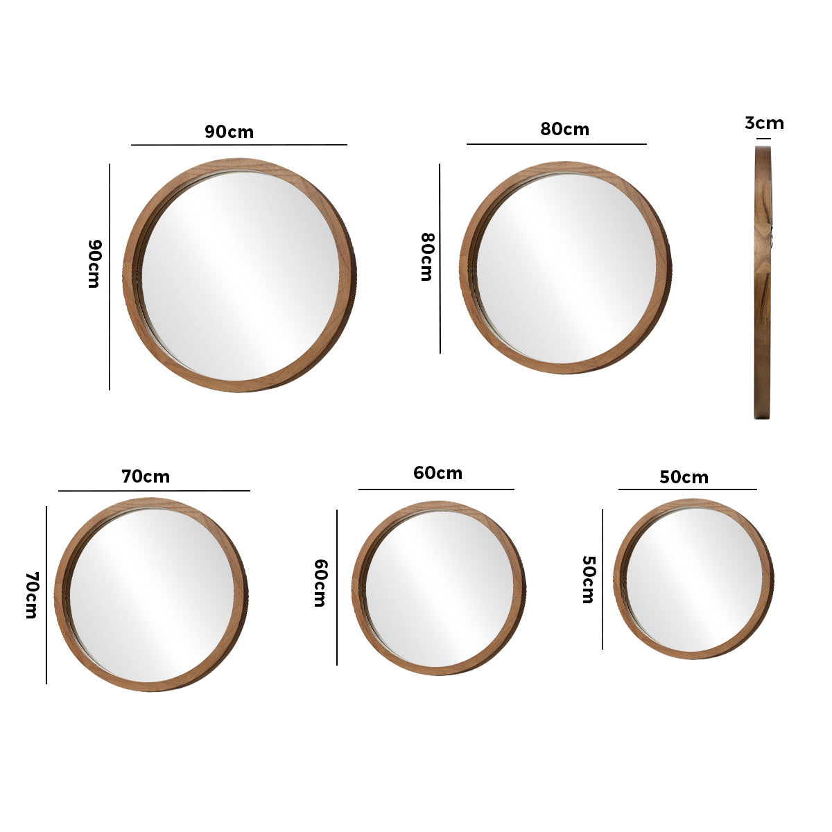 Oikiture Wall Round Mirrors Makeup Mirror Home Decor Walnut 50/60/70/80/90cm - Sunyee