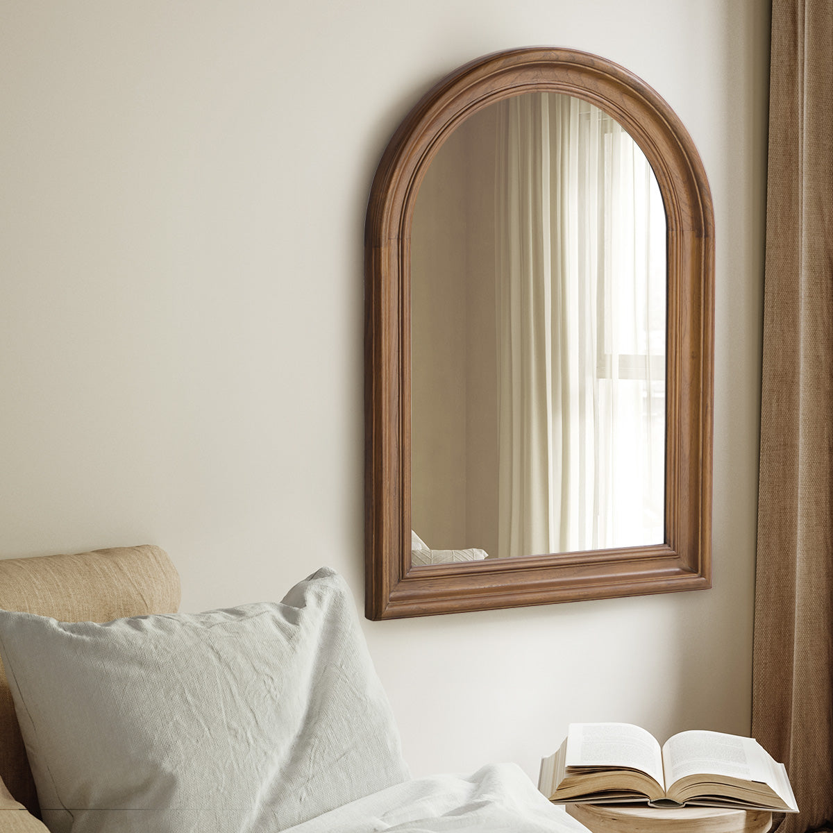 Oikiture Arched Wall Mirror Decorative Mirror Wide Frame 85x60cm Walnut