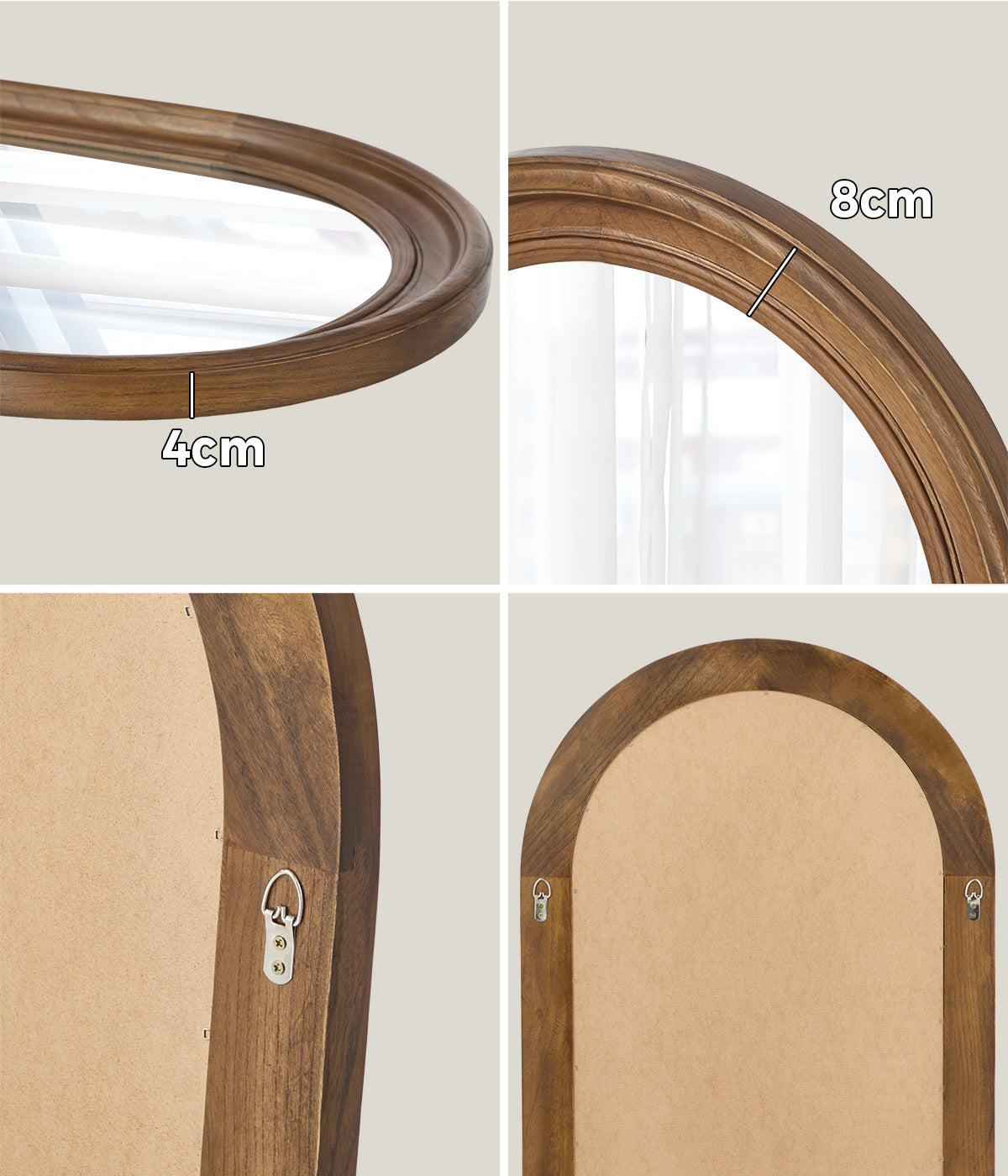 Oikiture Arched Wall Mirror Decorative Mirror Wide Frame 85x60cm Walnut