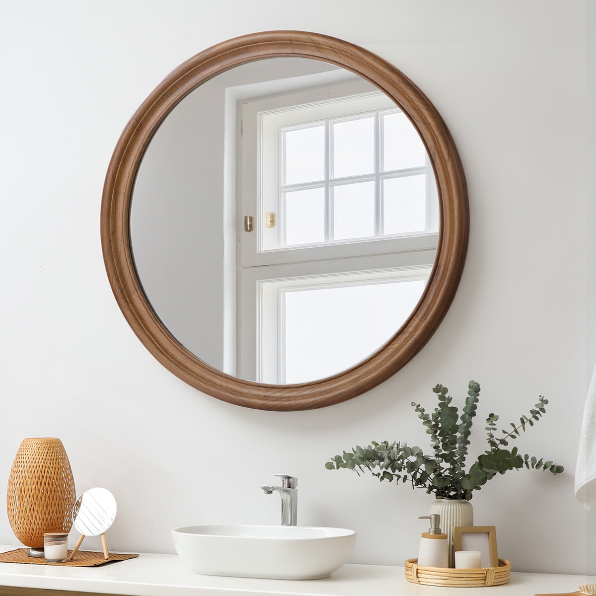 Oikiture Round Wall Mirror Makeup Mirror Wooden Frame Decor 80cm Walnut