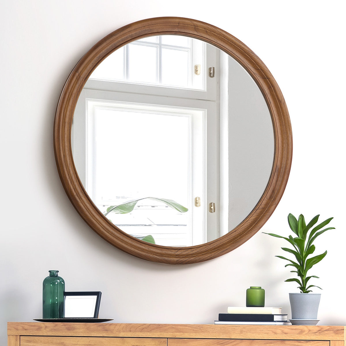 Oikiture Round Wall Mirror Makeup Mirror Wooden Frame Decor 80cm Walnut