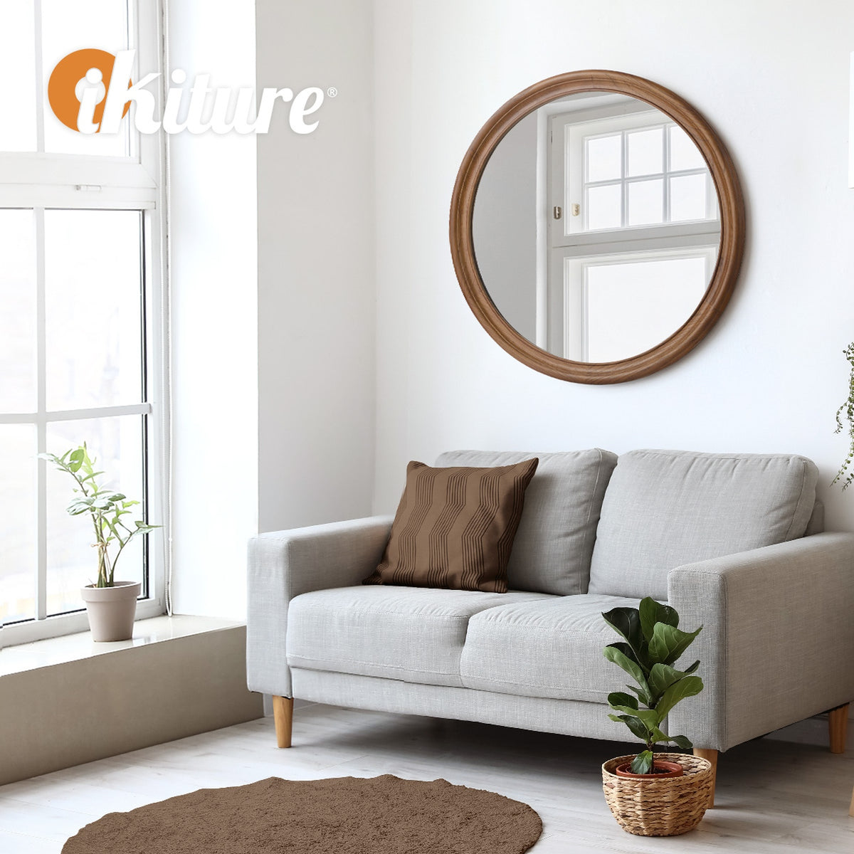 Oikiture Round Wall Mirror Makeup Mirror Wooden Frame Decor 80cm Walnut