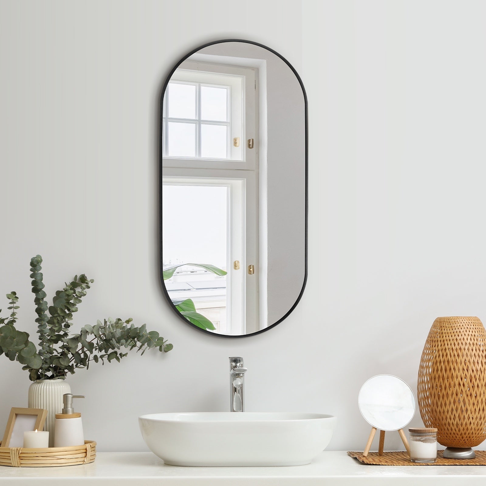 Oikiture Oval Wall Mirrors Bathroom Makeup Mirror Home Decor Black/Gold/Wooden - Sunyee