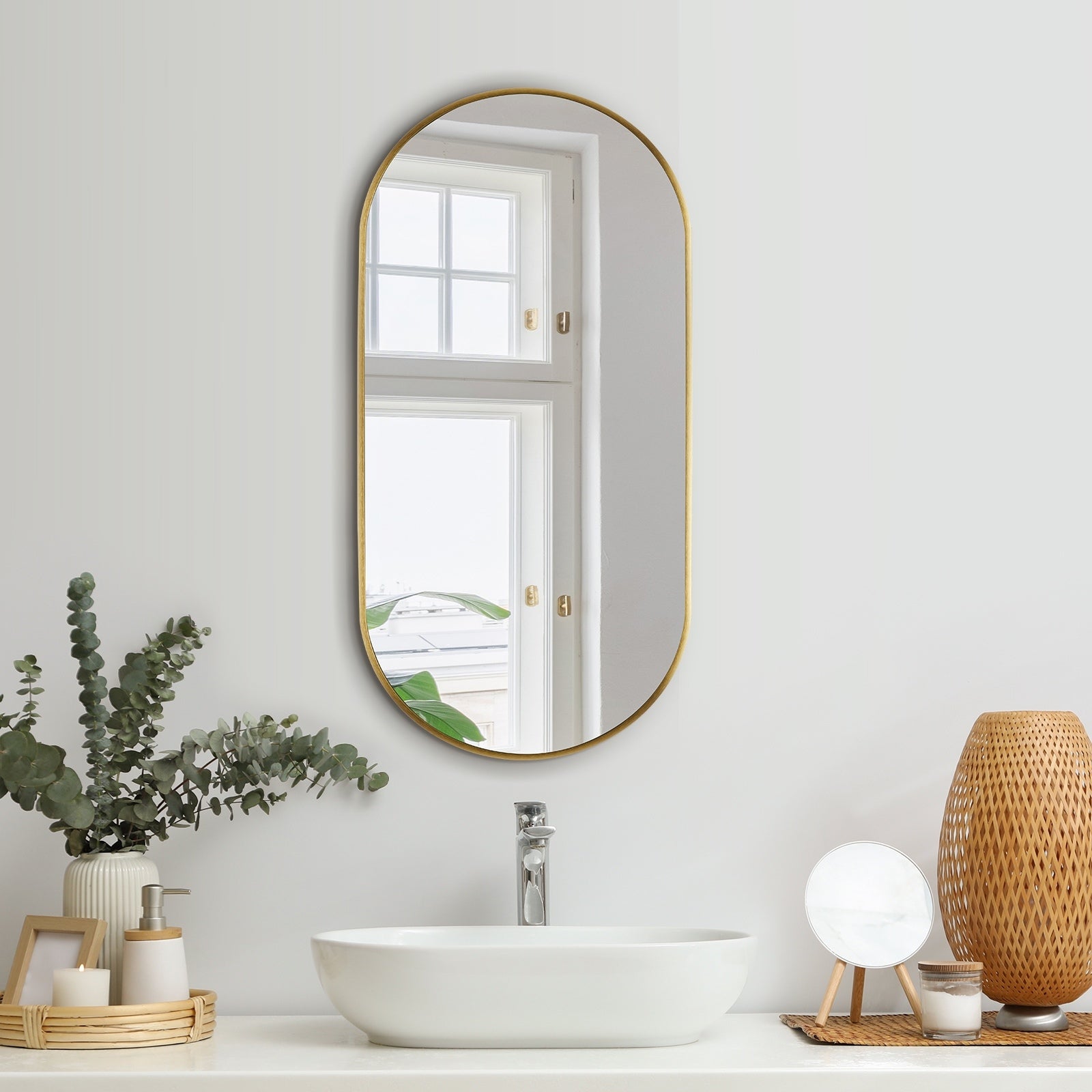 Oikiture Wall Mirrors Oval Makeup Mirror Bathroom Home Decor Gold 76x31cm - Sunyee