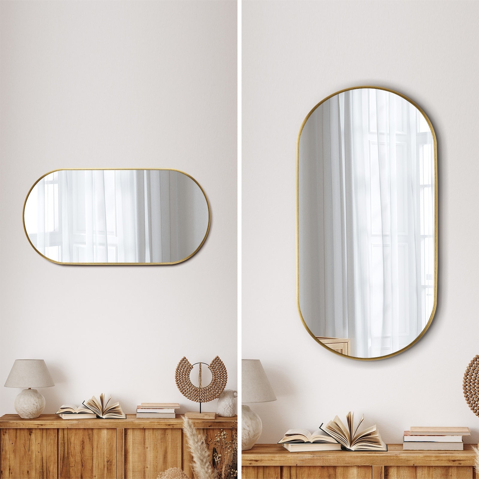 Oikiture Wall Mirrors Oval Makeup Mirror Bathroom Home Decor Gold 76x31cm - Sunyee