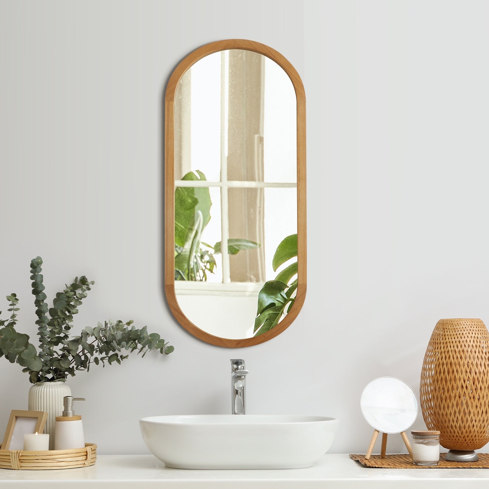 Oikiture Oval Wall Mirrors Bathroom Makeup Mirror Home Decor Black/Gold/Wooden - Sunyee
