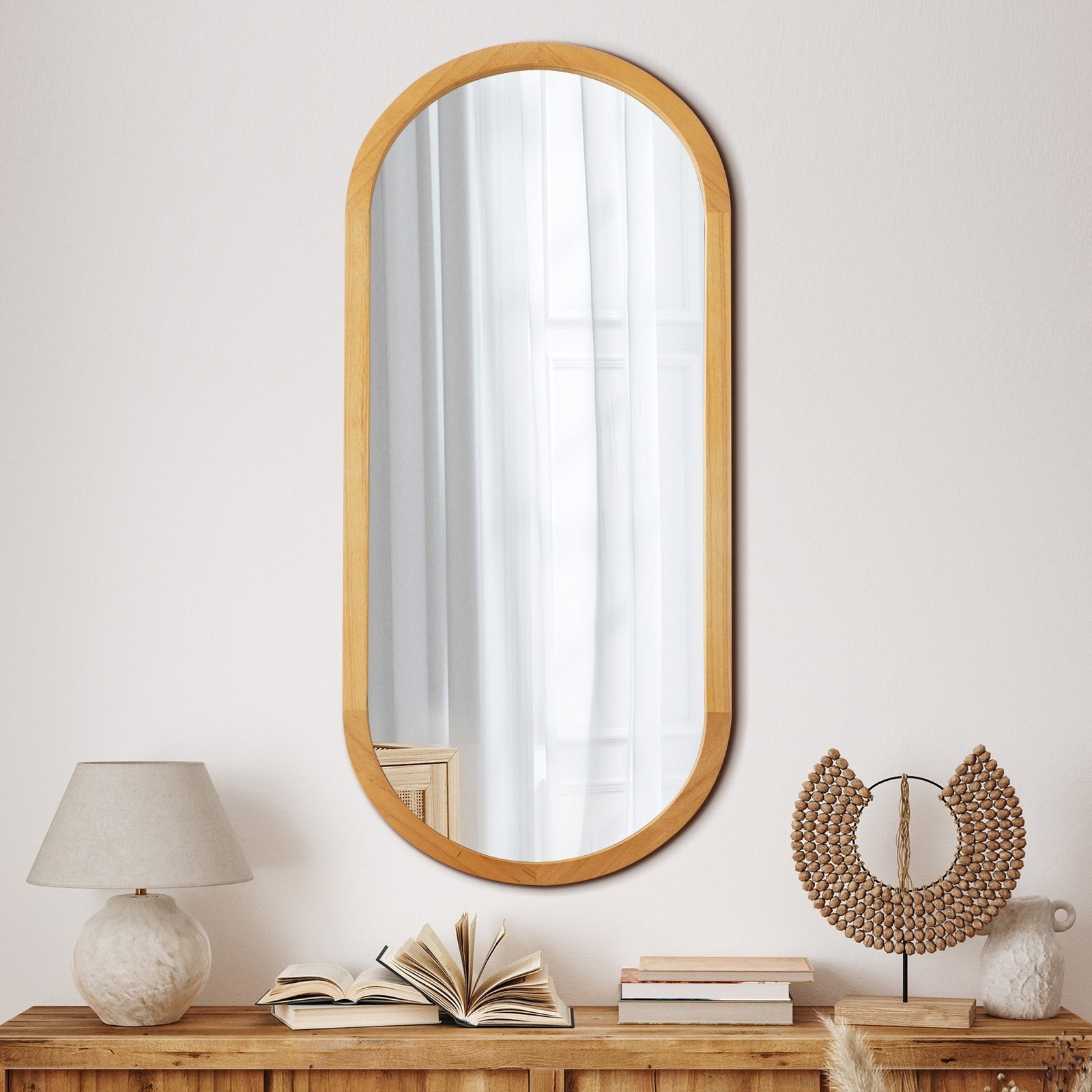 Oikiture Wall Mirrors Oval Makeup Mirror Home Decor Wooden 76x31cm - Sunyee