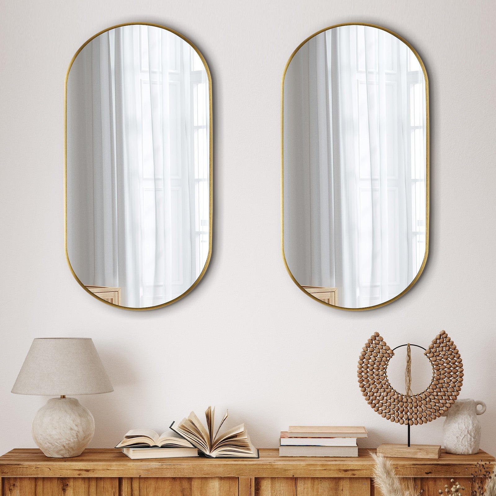 Oikiture Wall Mirrors Oval Home Decor Mirror Gold 84x50cm Set of 2 - Sunyee