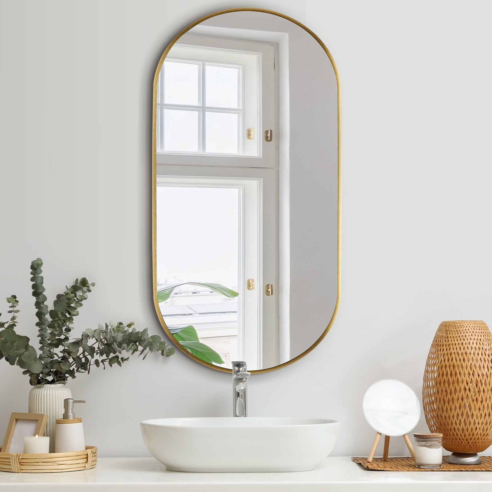 Oikiture Wall Mirrors Oval Makeup Mirror Bathroom Home Decor Gold 84x50cm - Sunyee