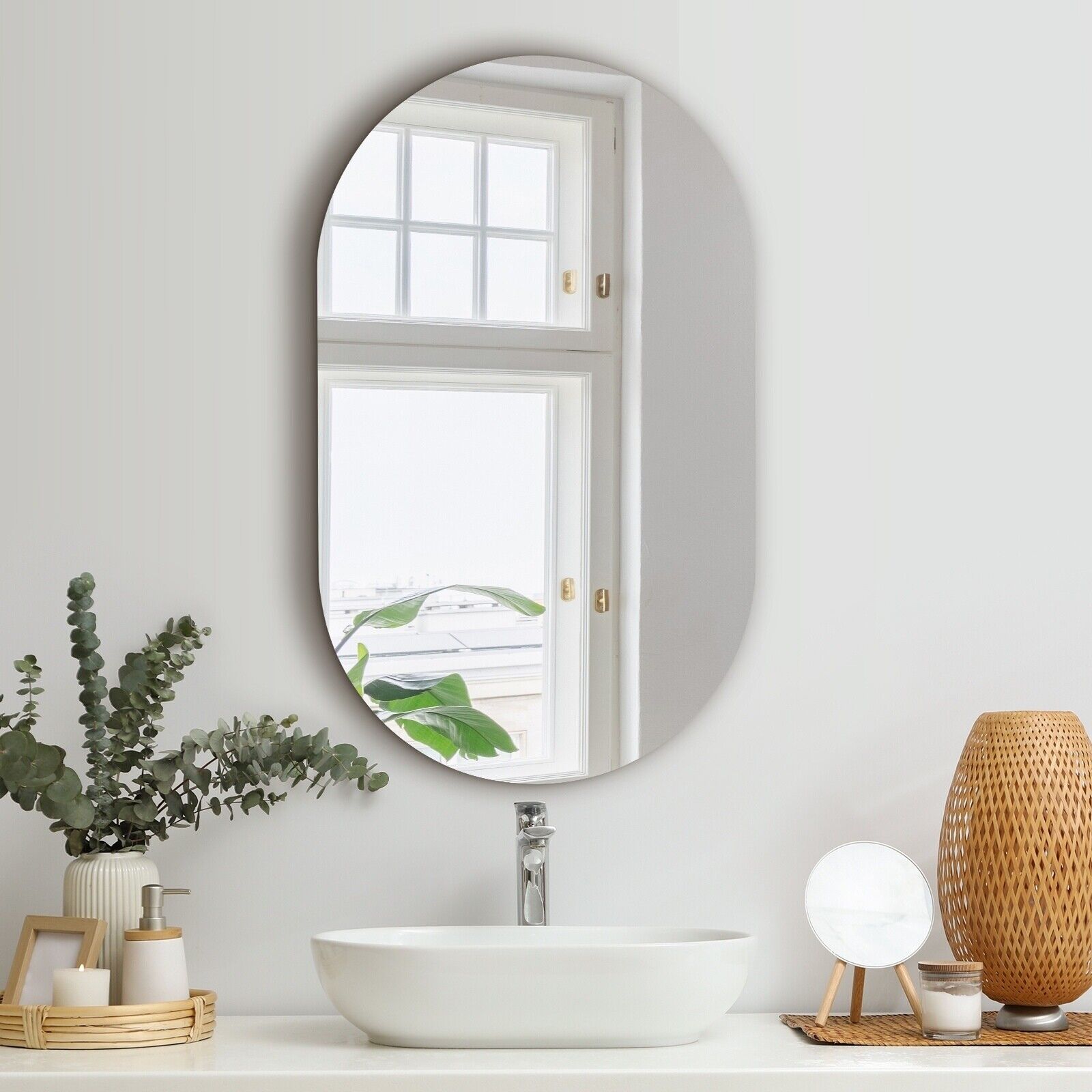 Oikiture Wall Mirrors Oval Makeup Mirror Bathroom Frameless 84x50cm - Sunyee