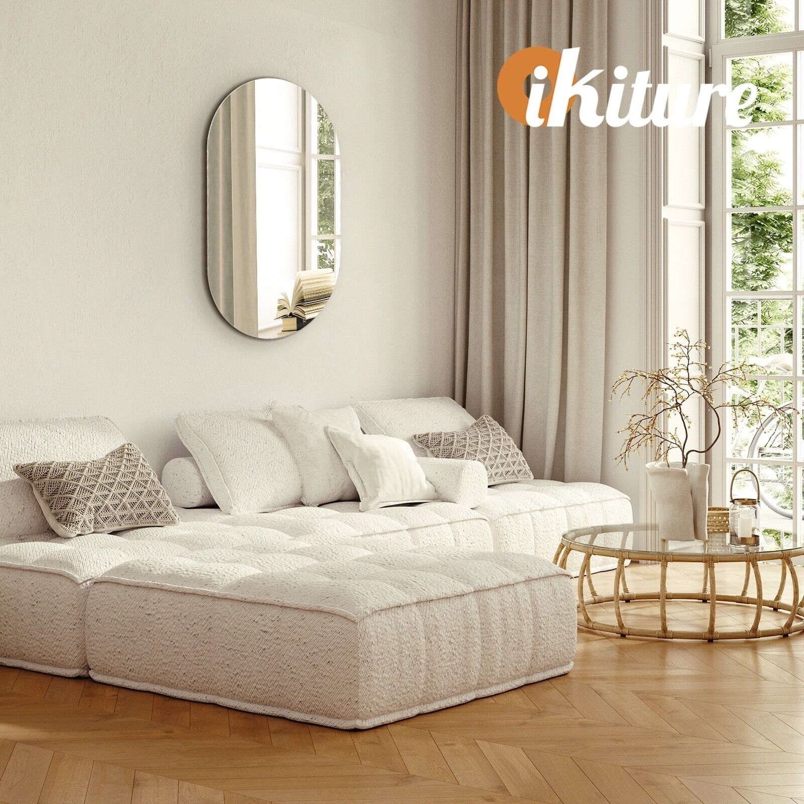 Oikiture Wall Mirrors Oval Makeup Mirror Bathroom Frameless 84x50cm - Sunyee