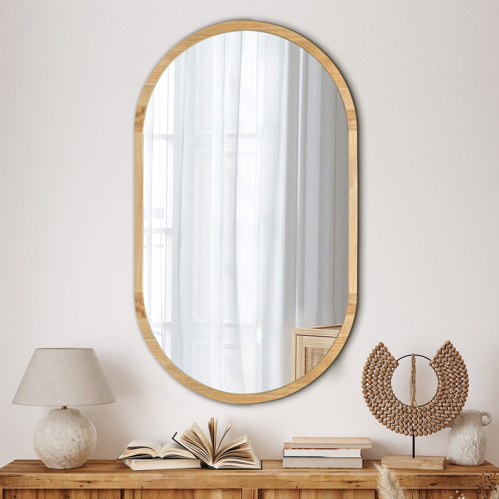 Oikiture Wooden Wall Mirrors Oval Makeup Mirror Home Decor 84x50cm - Sunyee
