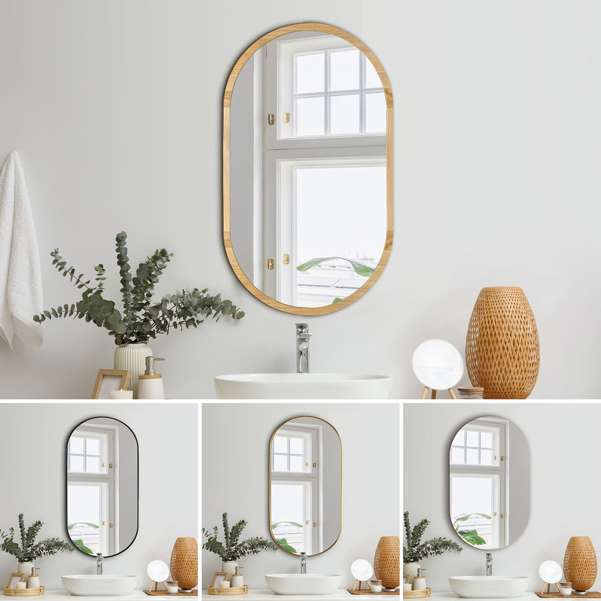 Oikiture Oval Wall Mirrors Bathroom Makeup Mirror Home Decor Black/Gold/Wooden