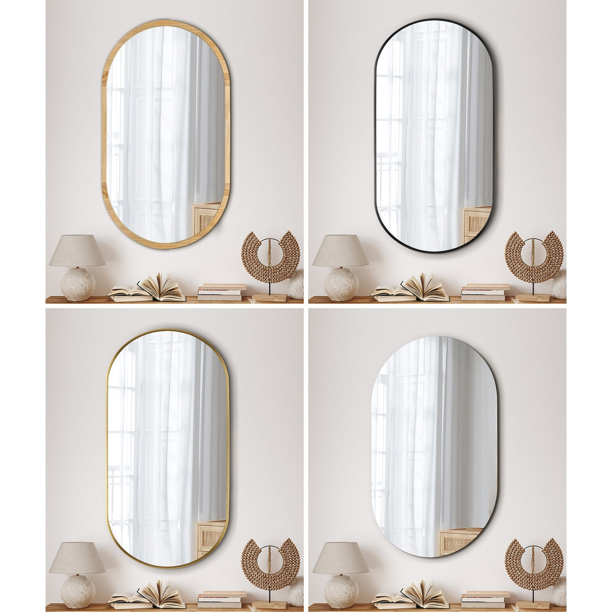 Oikiture Oval Wall Mirrors Bathroom Makeup Mirror Home Decor Black/Gold/Wooden