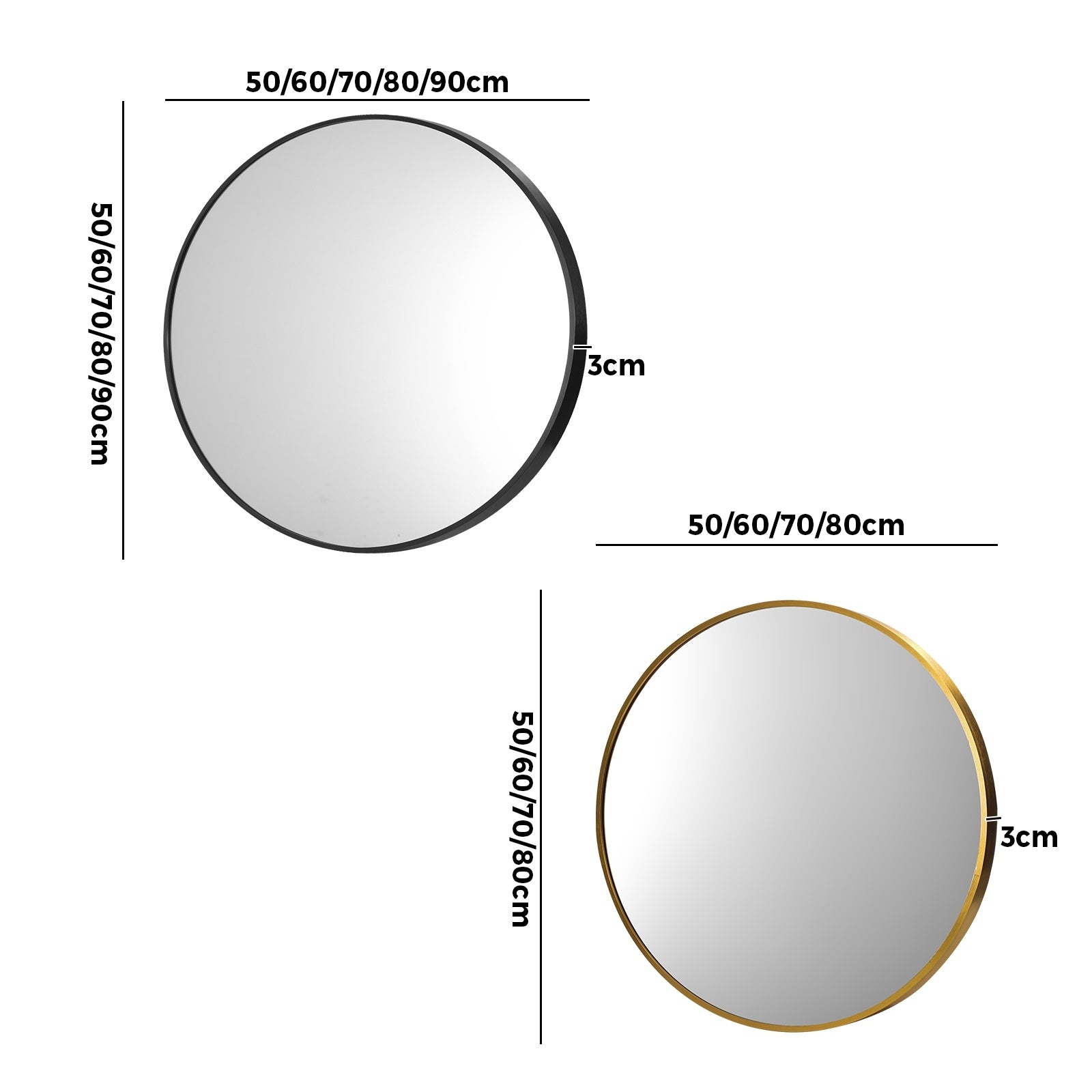 Oikiture Wall Mirrors Round Makeup Mirror Home Decor 50/60/70/80/90cm - Sunyee