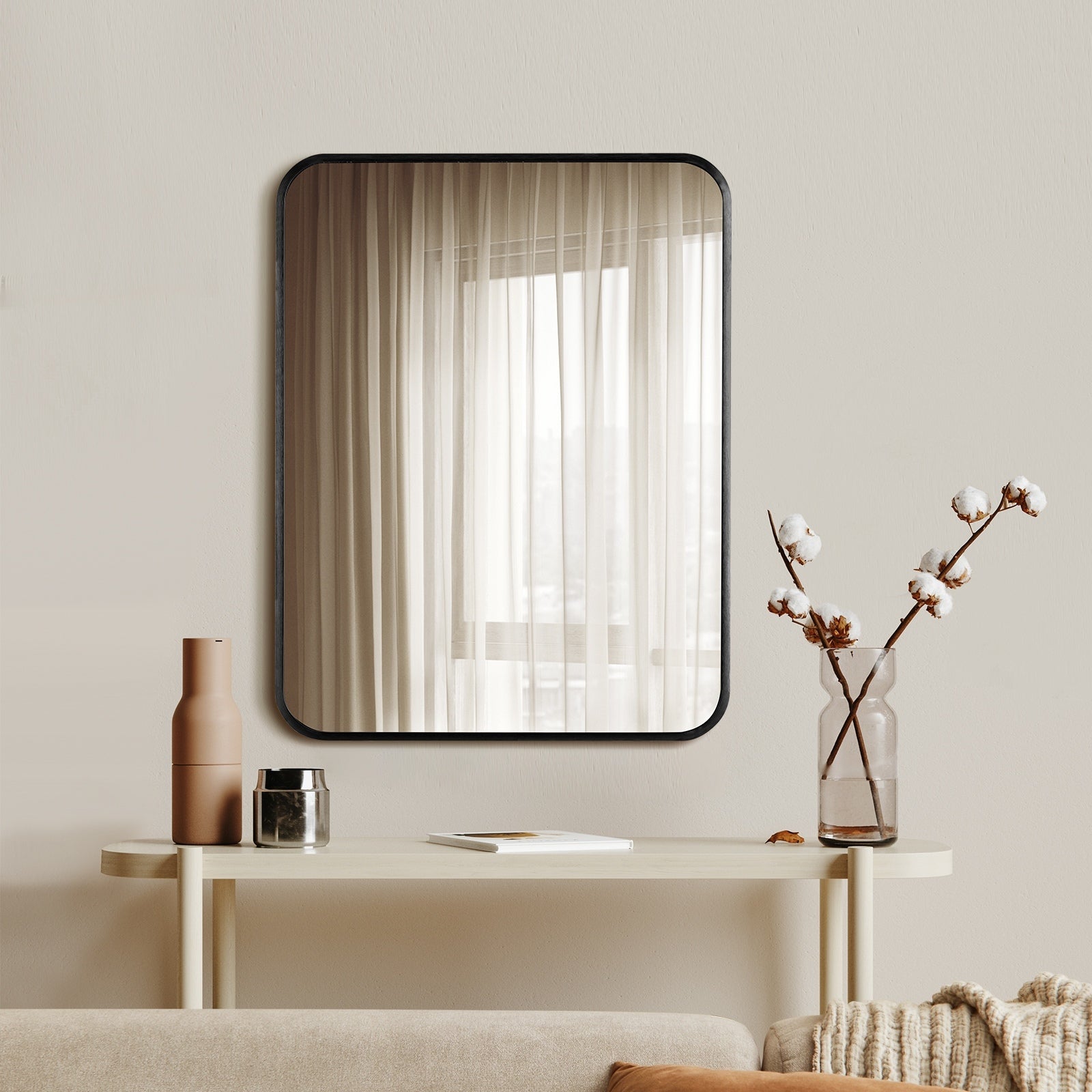 Oikiture Wall Mirrors Rectangle Makeup Mirror Metal Frame 65x50cm Black - Sunyee
