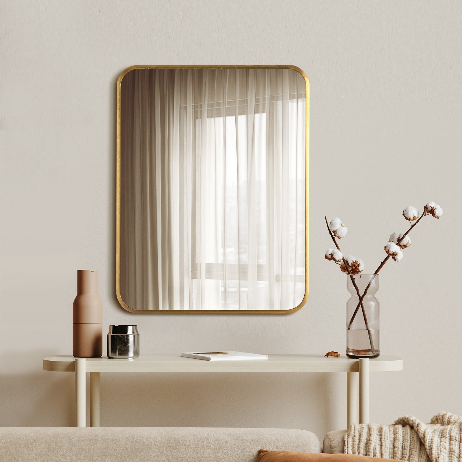 Oikiture Wall Mirrors Rectangle Makeup Mirror Metal Frame 65x50cm Gold - Sunyee