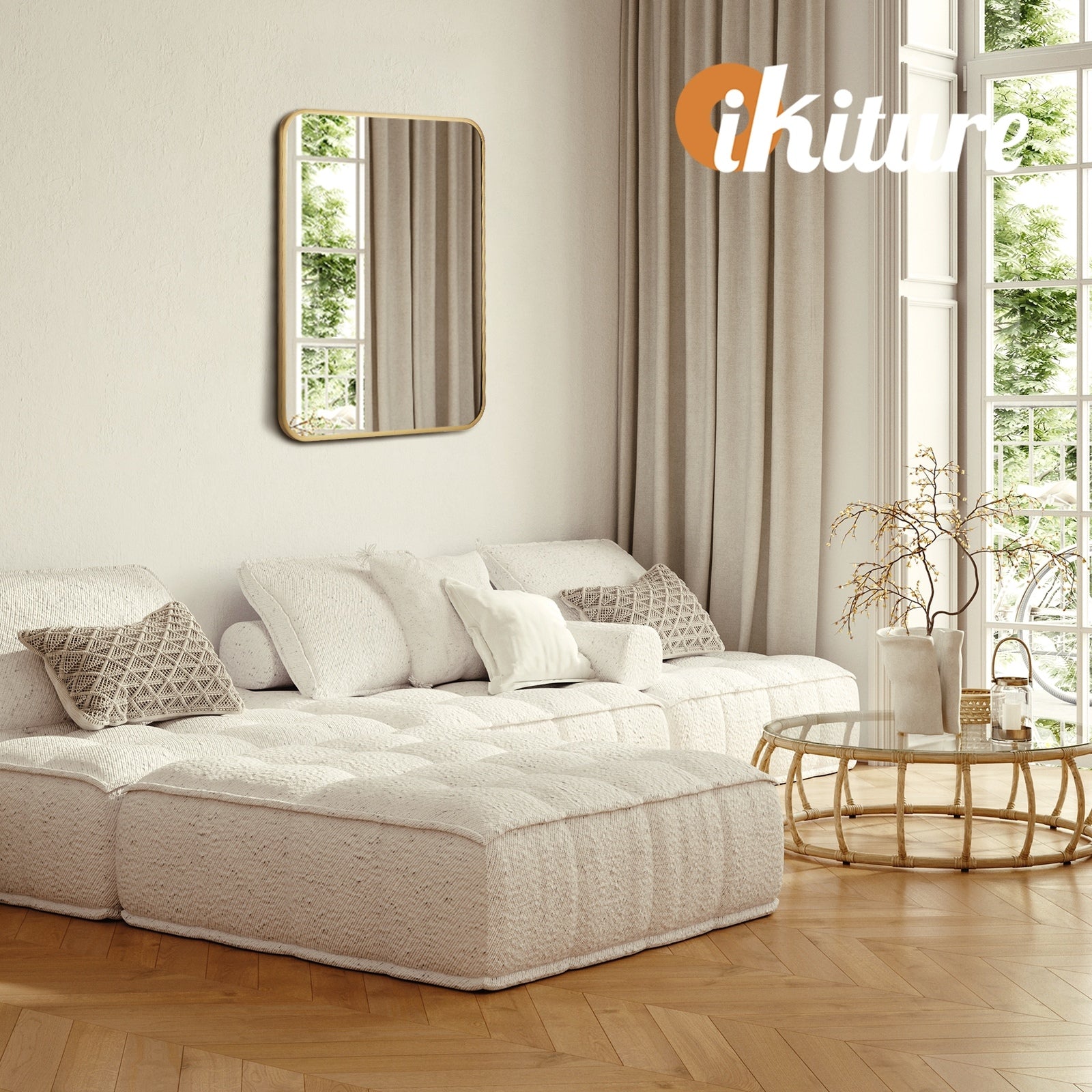 Oikiture Wall Mirrors Rectangle Makeup Mirror Metal Frame 65x50cm Gold - Sunyee