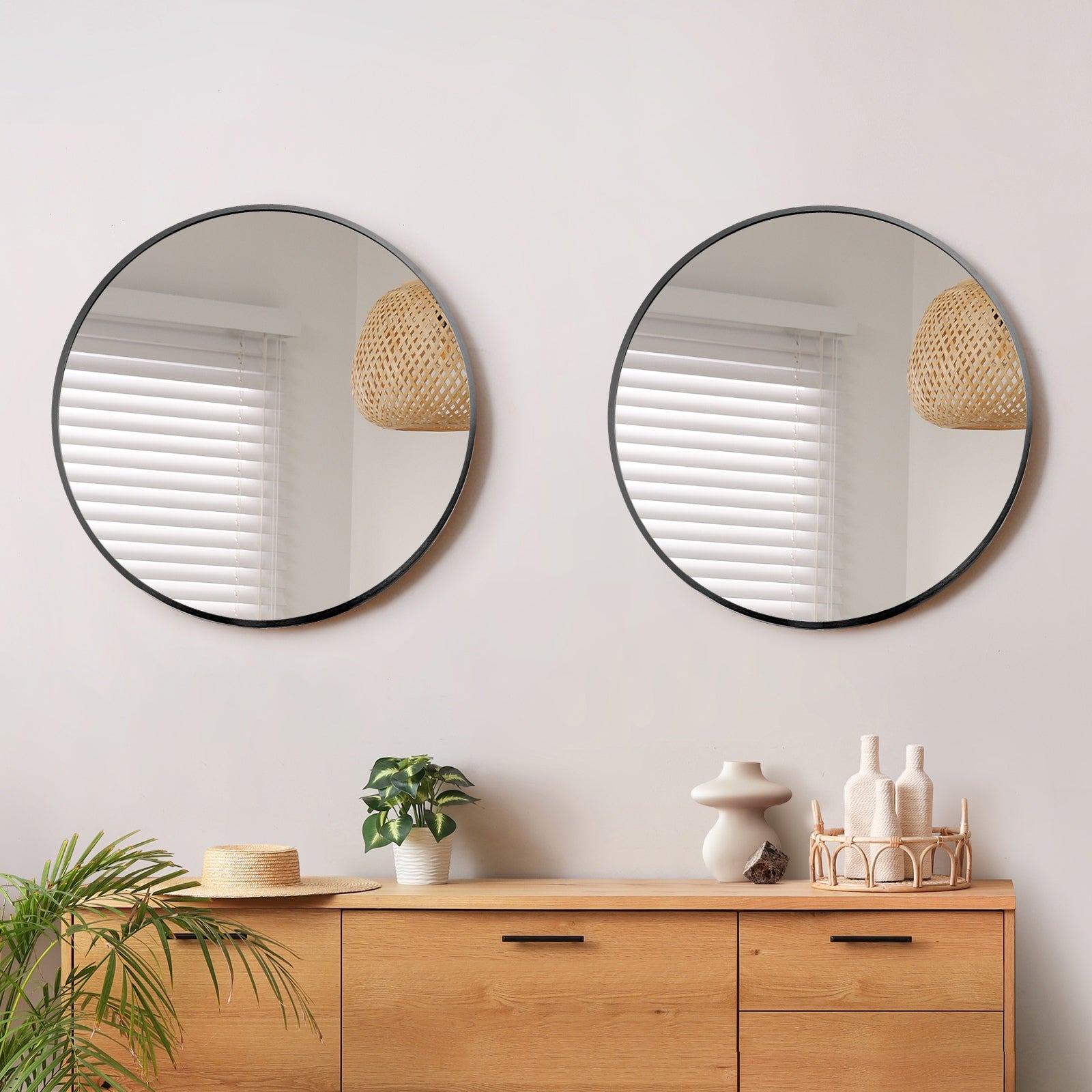 Oikiture Wall Mirrors Round Home Decor 50cm Black Set of 2 - Sunyee