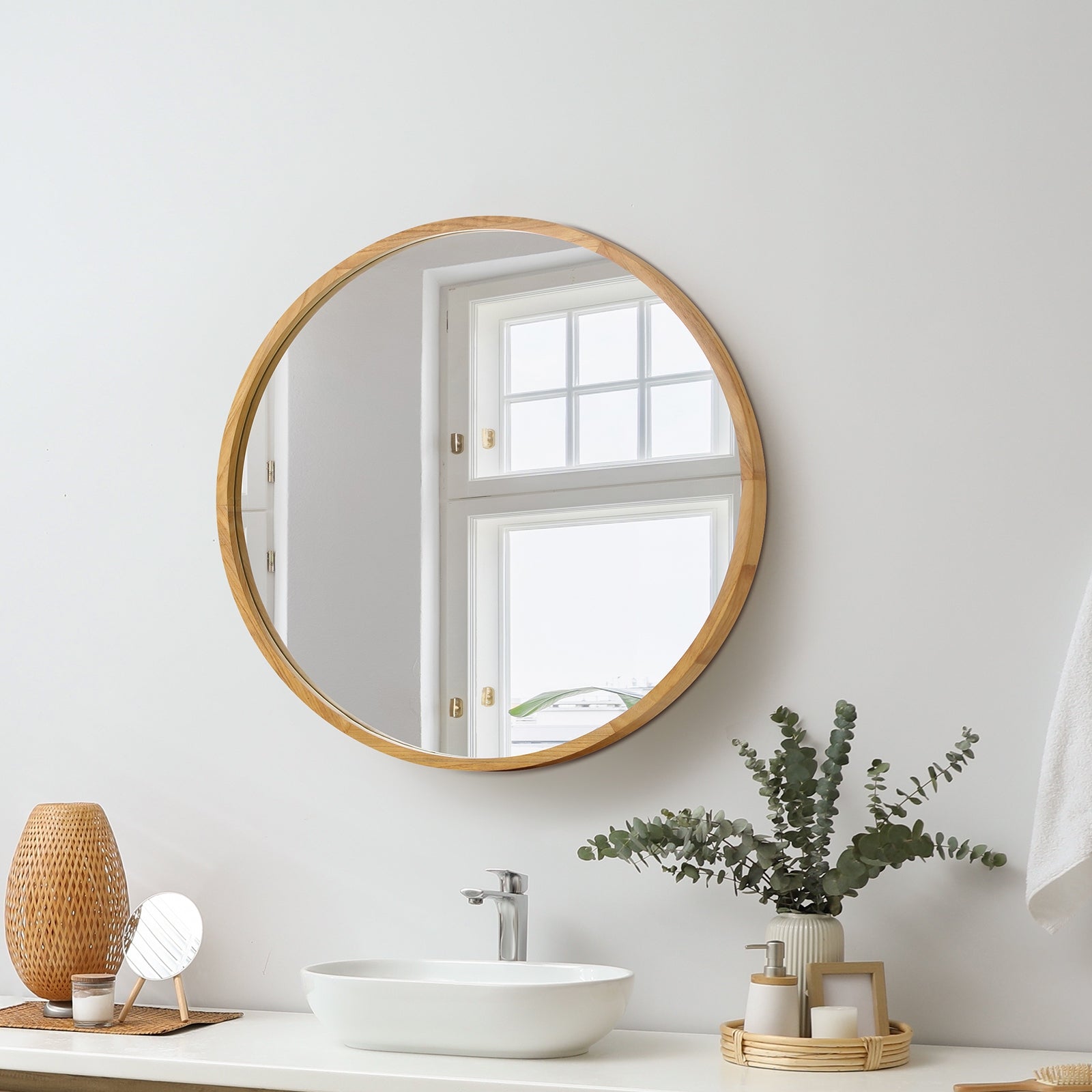 Oikiture Wall Mirrors Round Makeup Mirror Vanity Home Decro 50cm Wooden - Sunyee