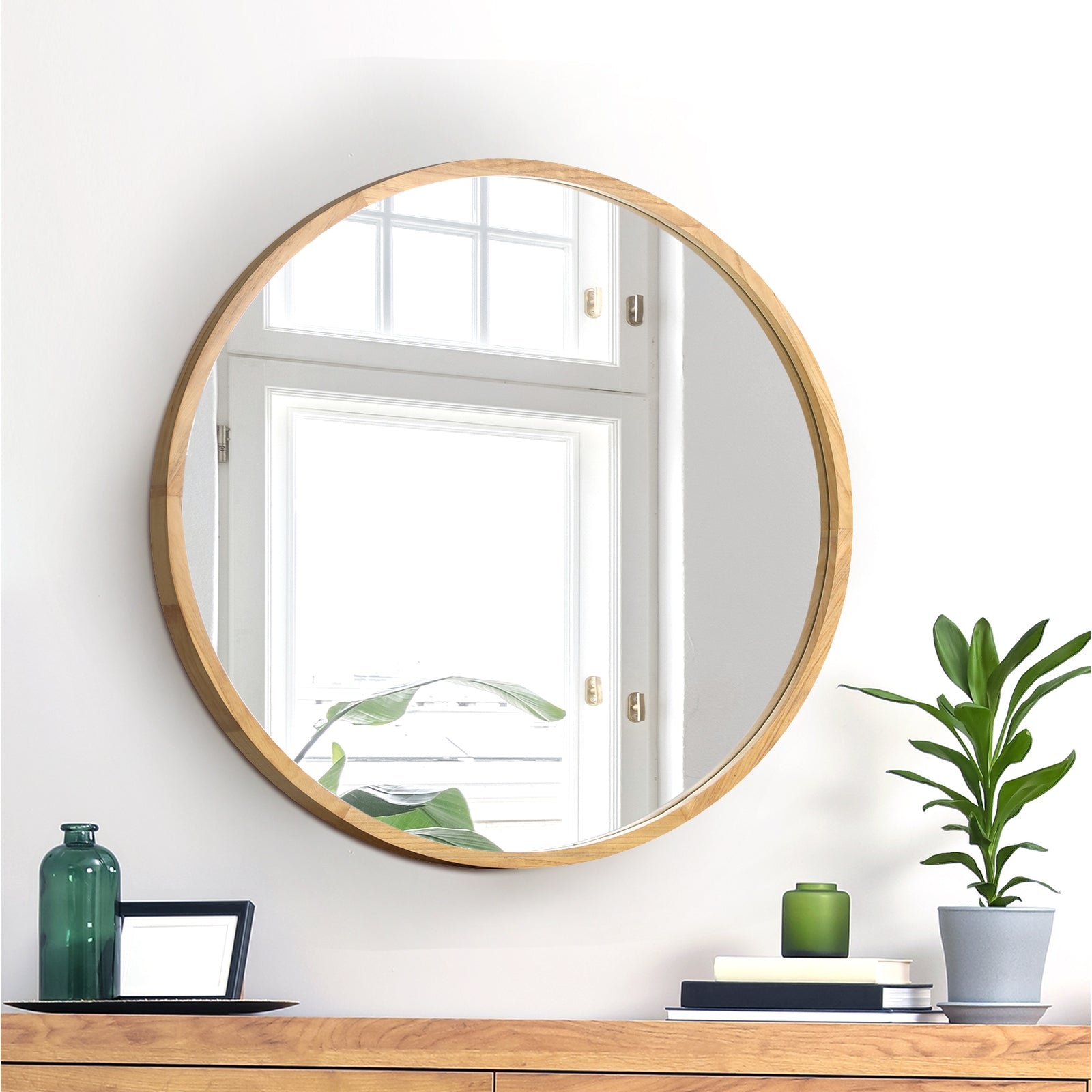 Oikiture Wall Mirrors Round Makeup Mirror Vanity Home Decro 50cm Wooden - Sunyee