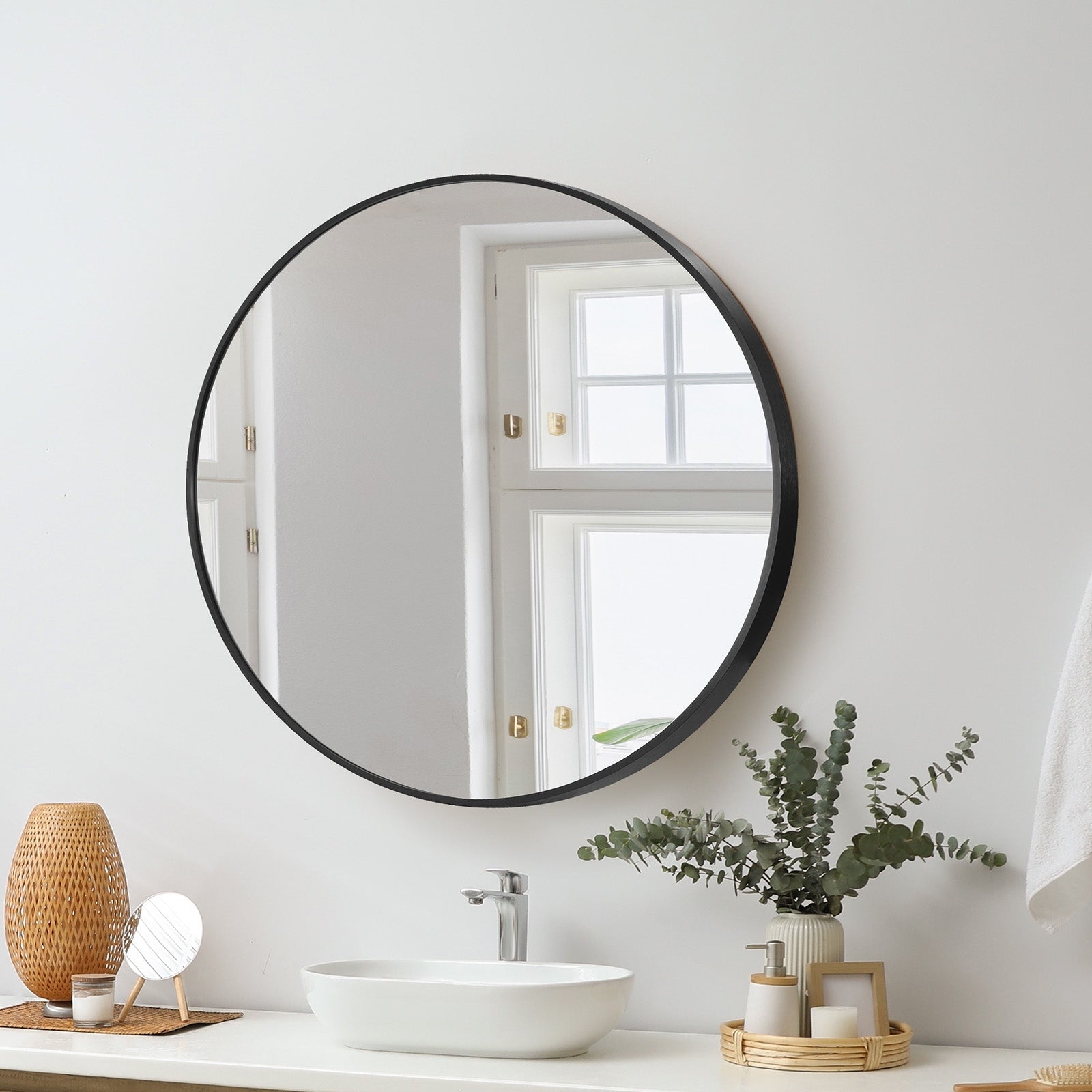 Oikiture 60cm Wall Mirrors Round Makeup Mirror Home Decro Black Living Room - Sunyee