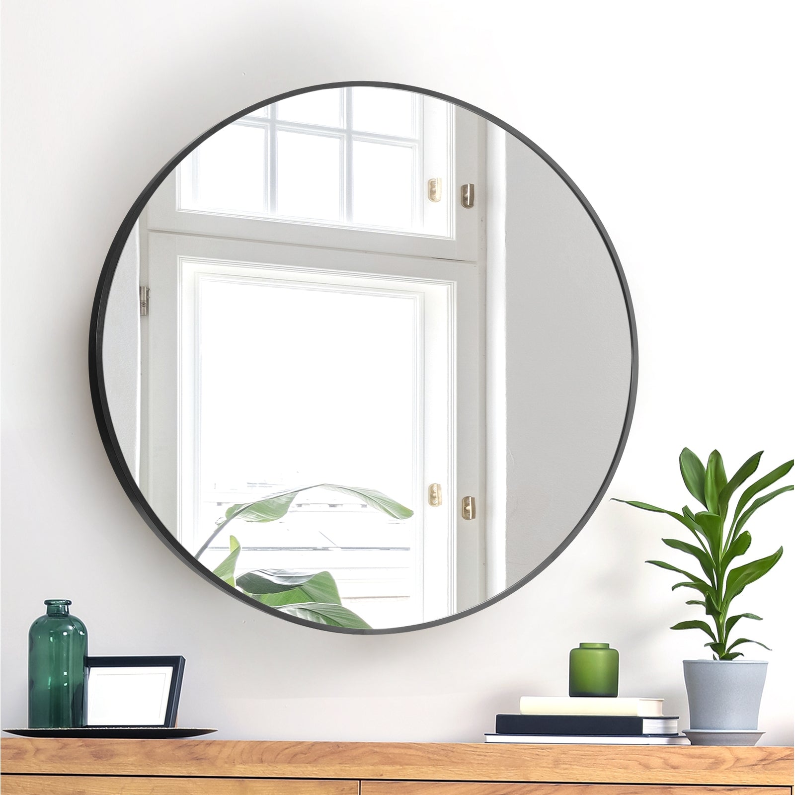 Oikiture 60cm Wall Mirrors Round Makeup Mirror Home Decro Black Living Room - Sunyee