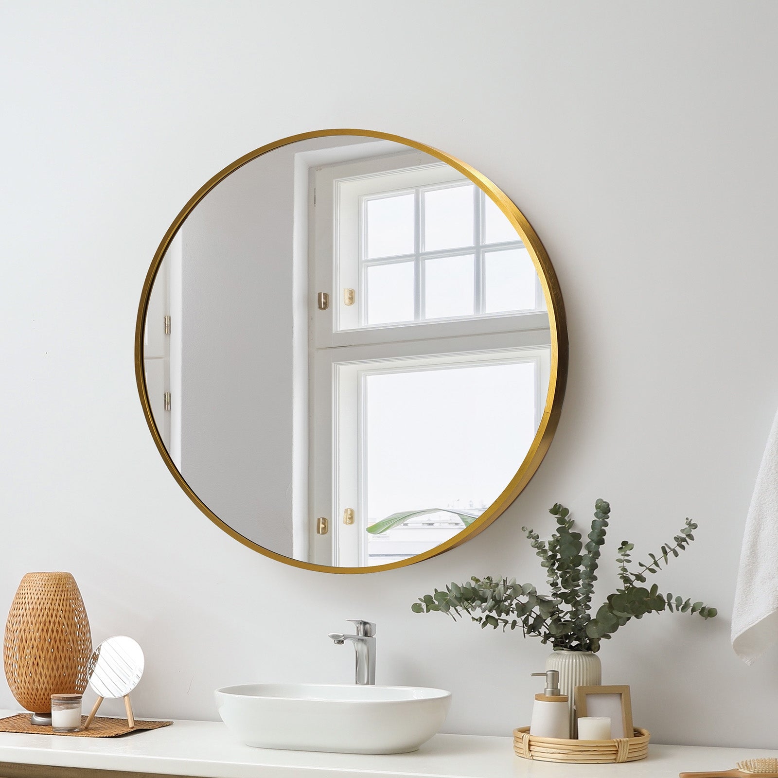 Oikiture 60cm Wall Mirrors Round Makeup Mirror Home Decro Gold Living Room - Sunyee