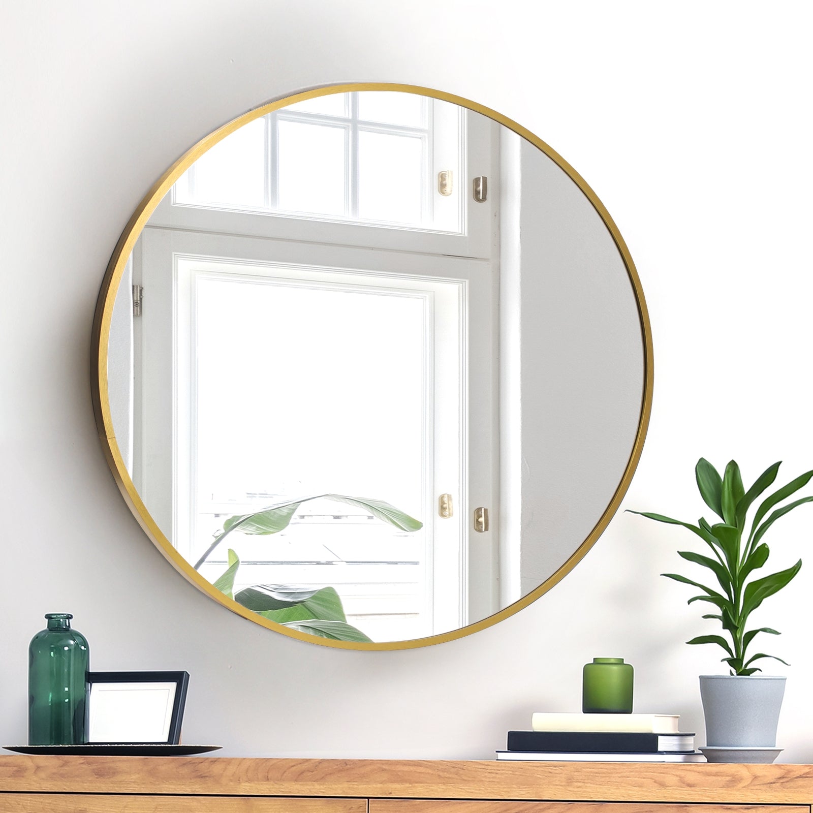 Oikiture 60cm Wall Mirrors Round Makeup Mirror Home Decro Gold Living Room - Sunyee