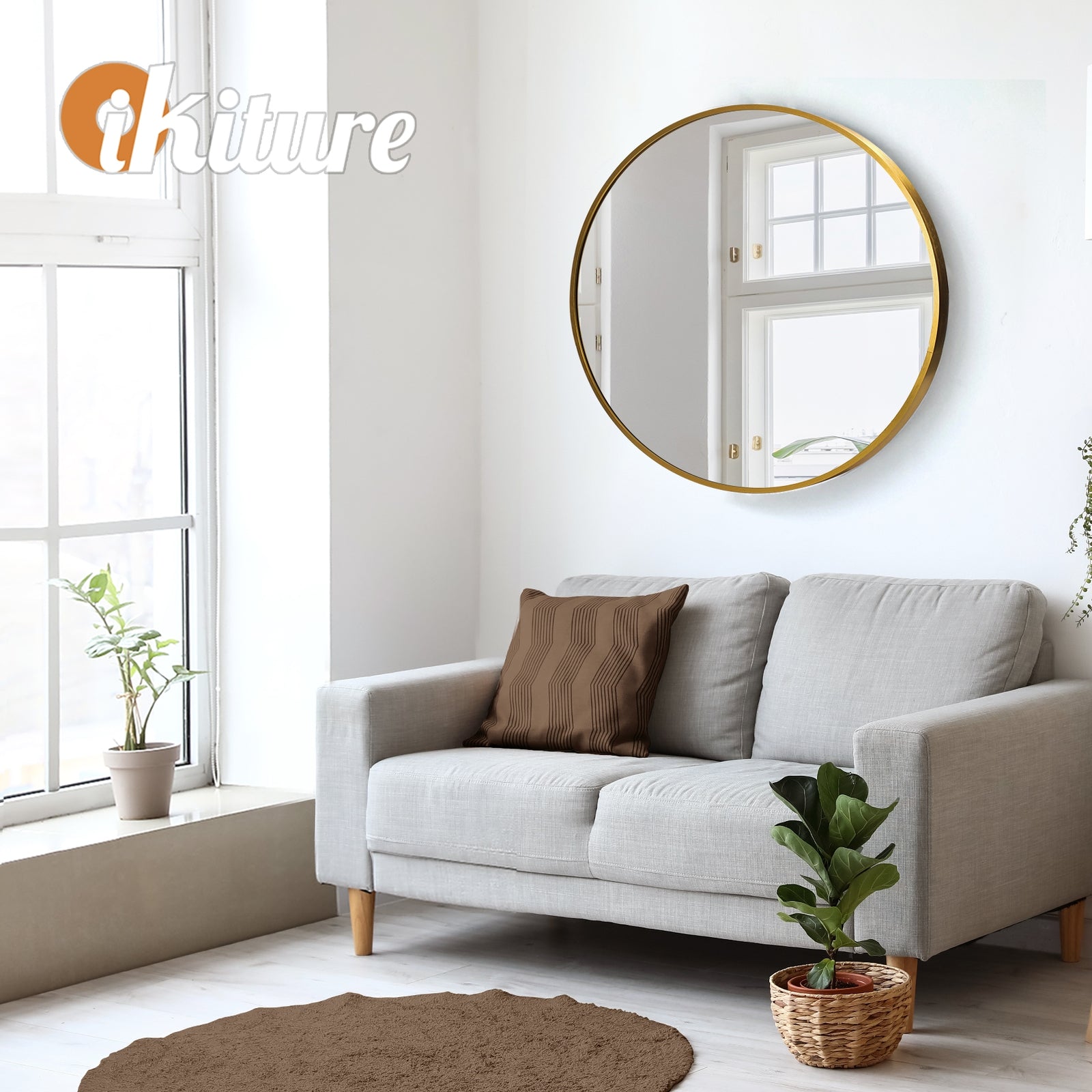 Oikiture 60cm Wall Mirrors Round Makeup Mirror Home Decro Gold Living Room - Sunyee