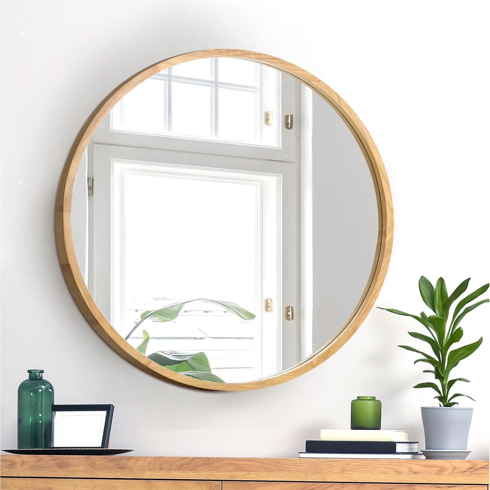 Oikiture 60cm Wall Mirrors Round Makeup Mirror Home Decro Wooden Dining Room - Sunyee