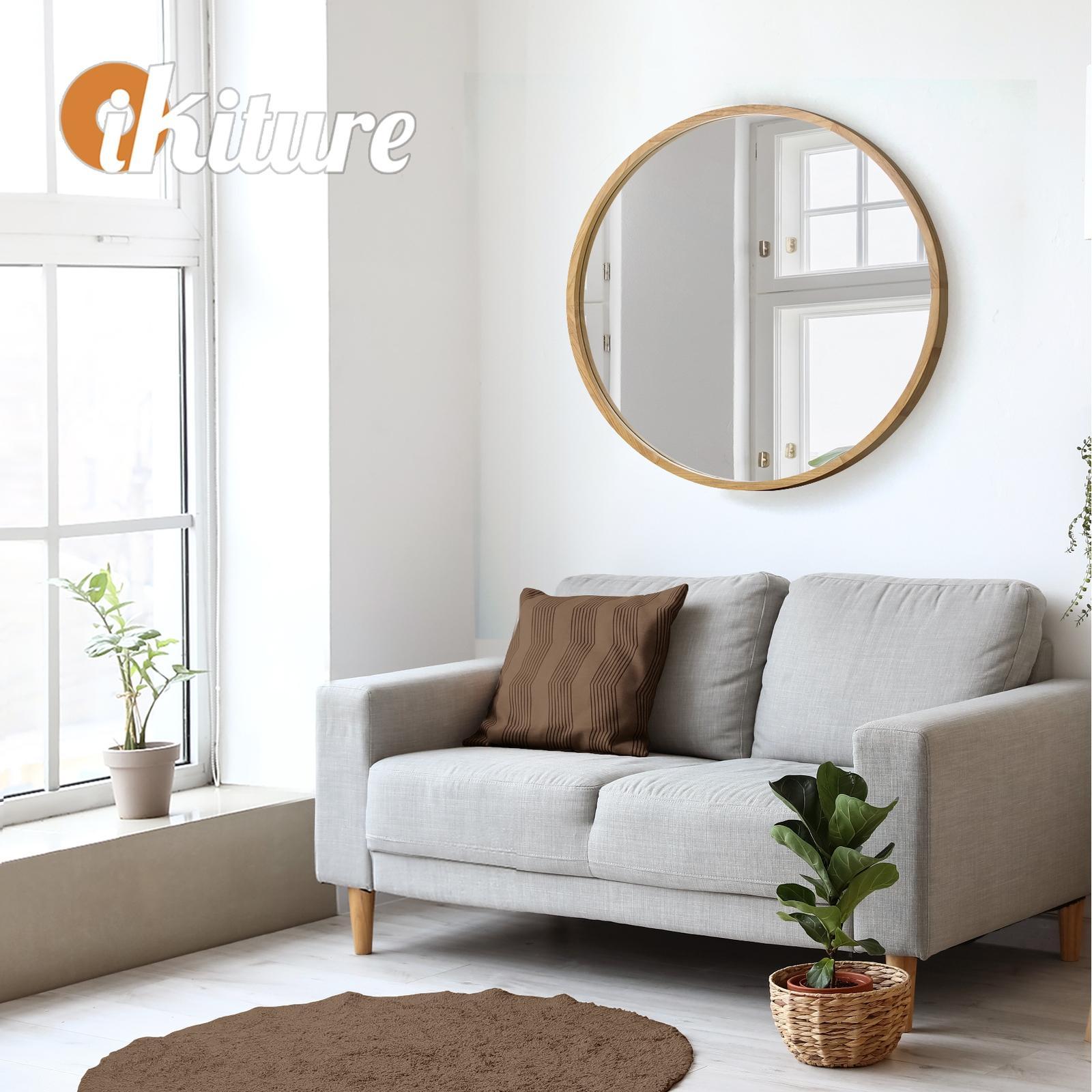 Oikiture 60cm Wall Mirrors Round Makeup Mirror Home Decro Wooden Dining Room - Sunyee