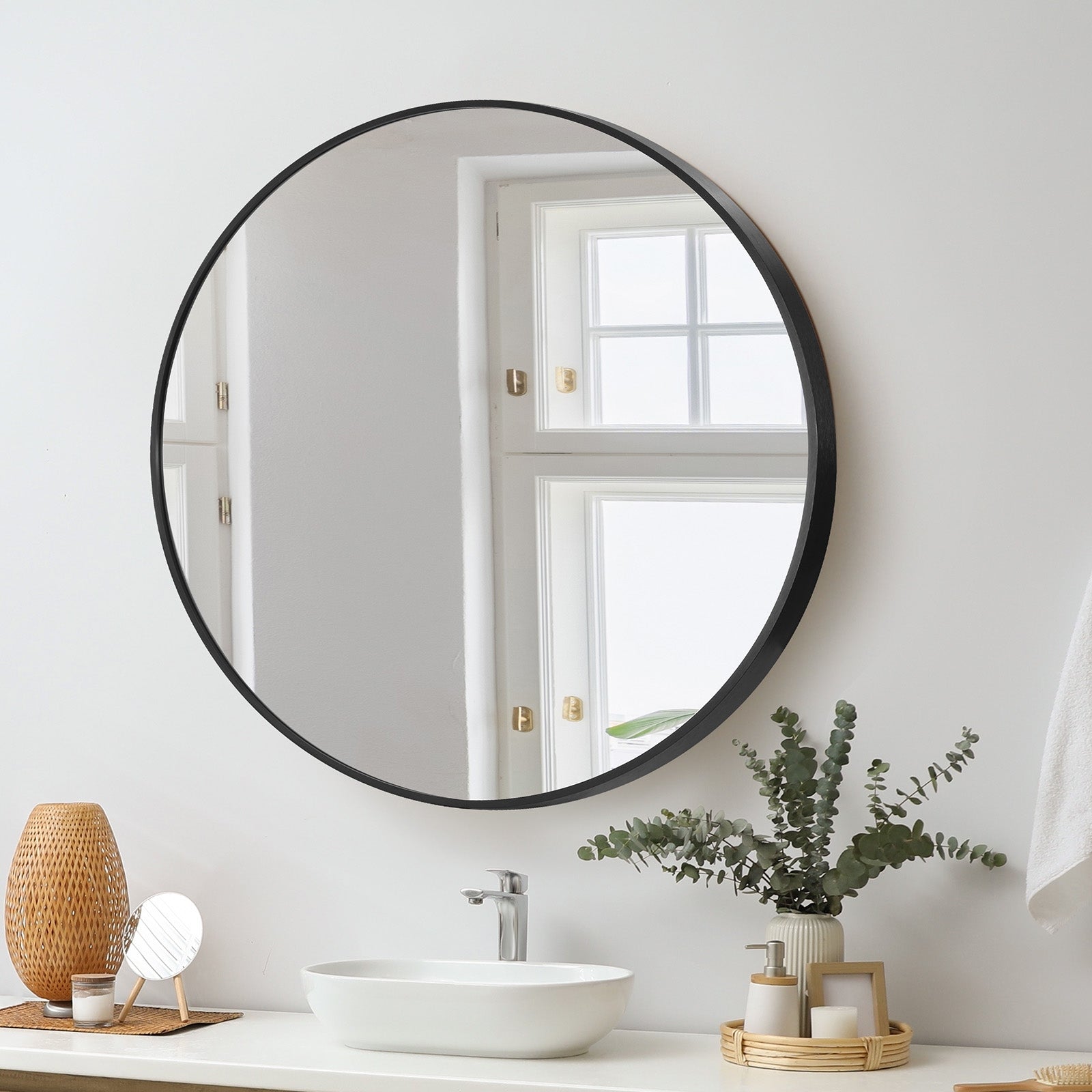 Oikiture Wall Mirrors Round 70cm Makeup Mirror Vanity Home Decro Black Bathroom - Sunyee