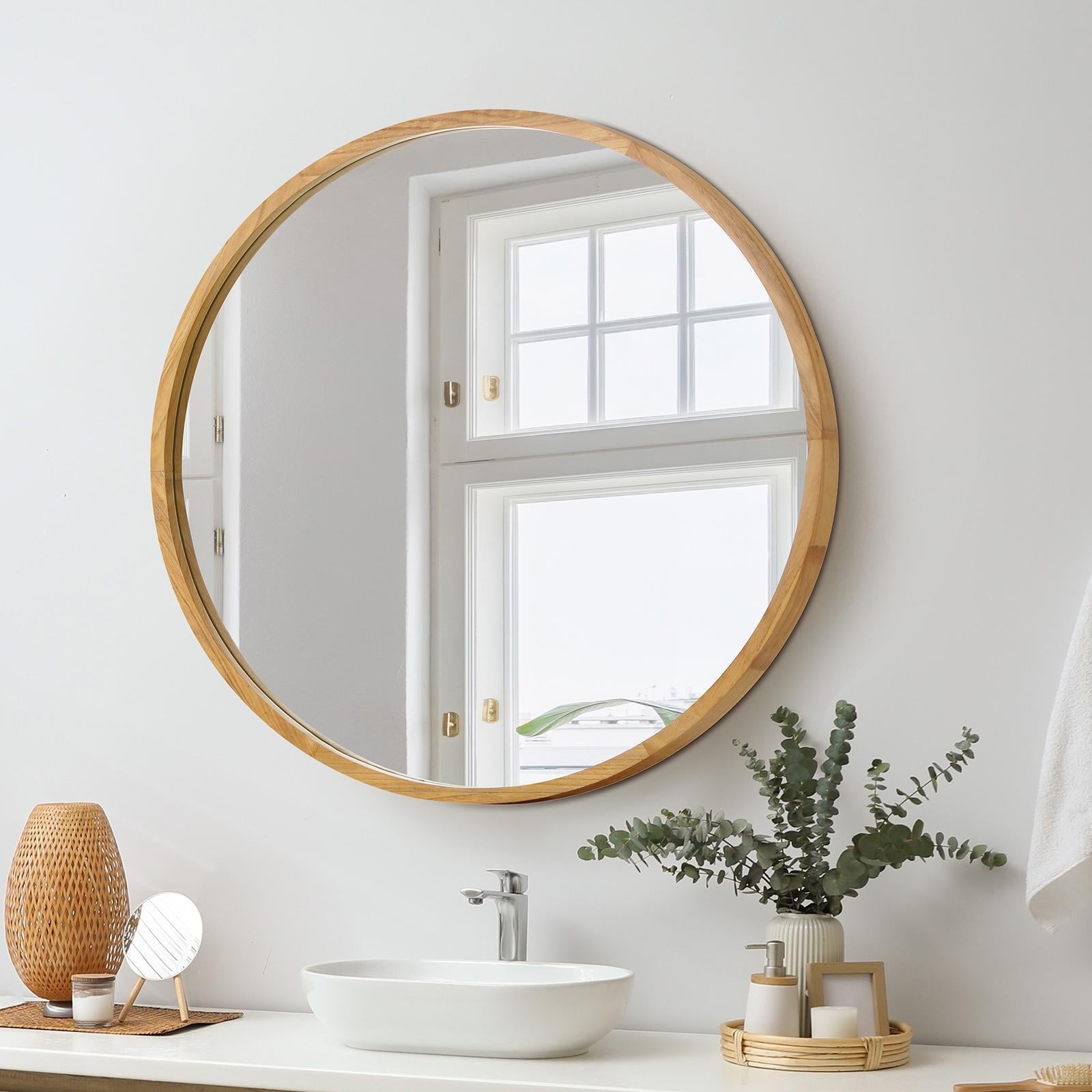 Oikiture Wall Mirrors Round 70cm Makeup Mirror Vanity Home Decro Wooden - Sunyee