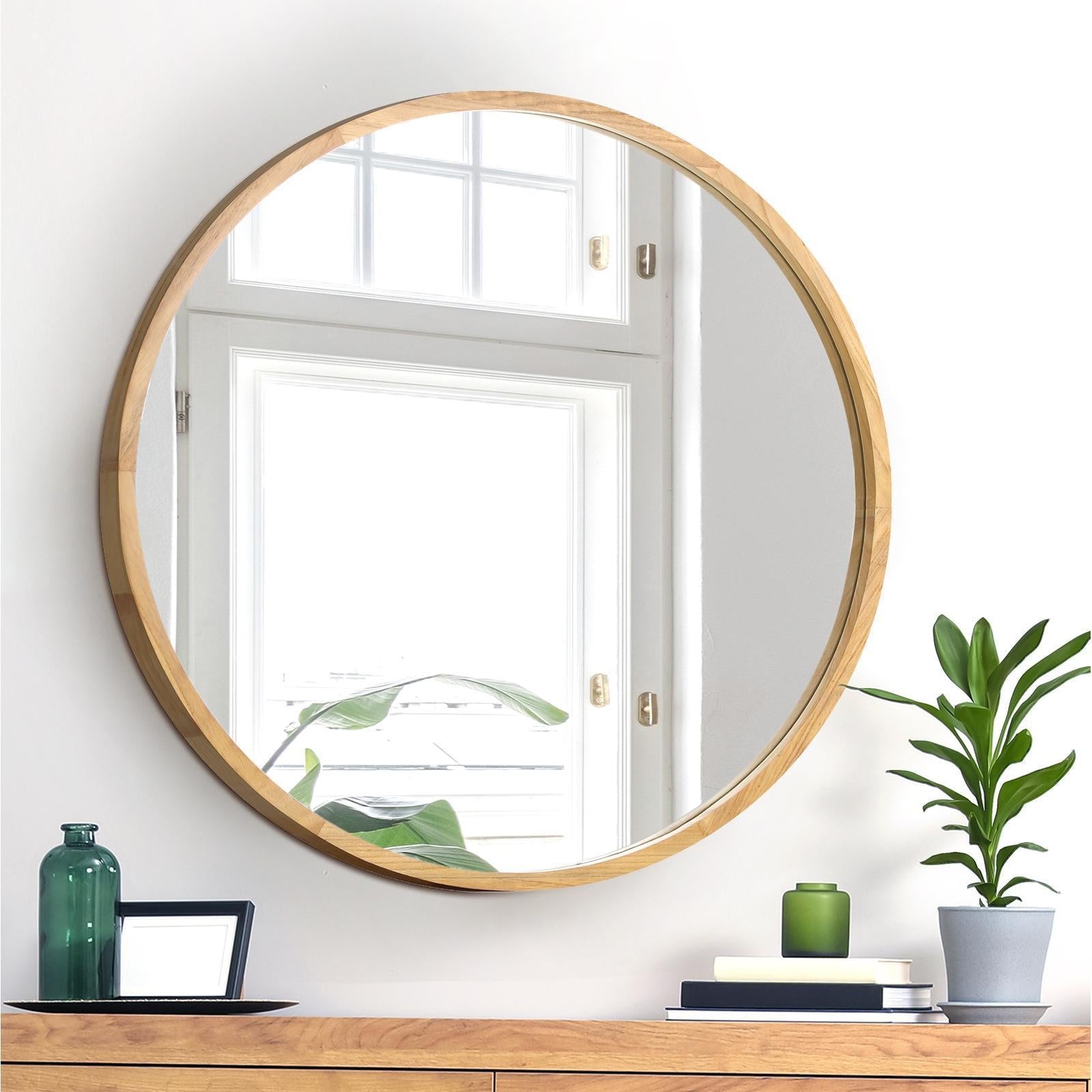 Oikiture Wall Mirrors Round 70cm Makeup Mirror Vanity Home Decro Wooden - Sunyee