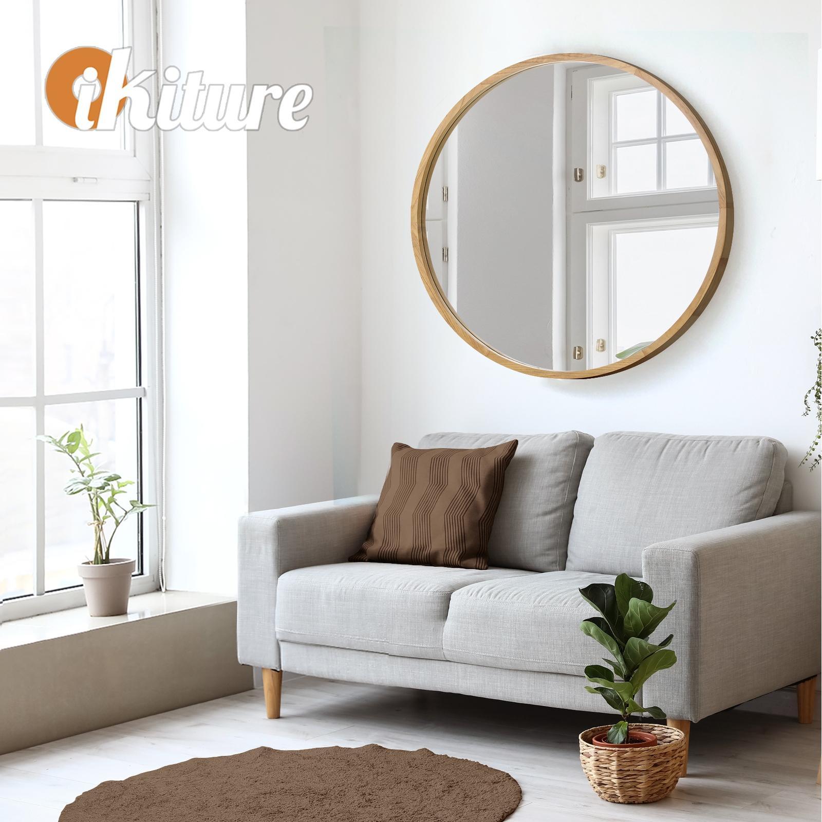 Oikiture Wall Mirrors Round 70cm Makeup Mirror Vanity Home Decro Wooden - Sunyee
