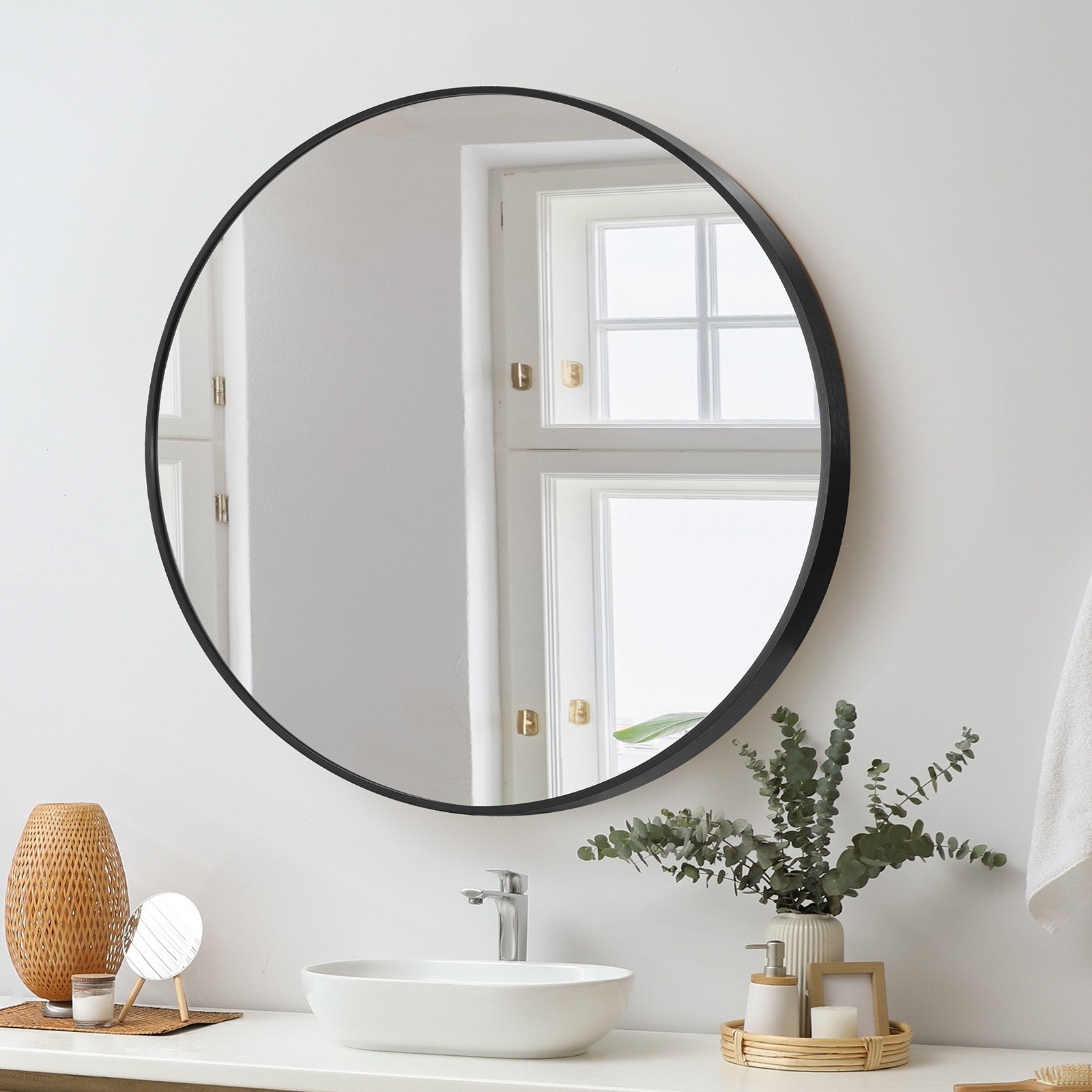 Oikiture Wall Mirrors Round Makeup Mirror Vanity Home Decorative Black 80cm - Sunyee