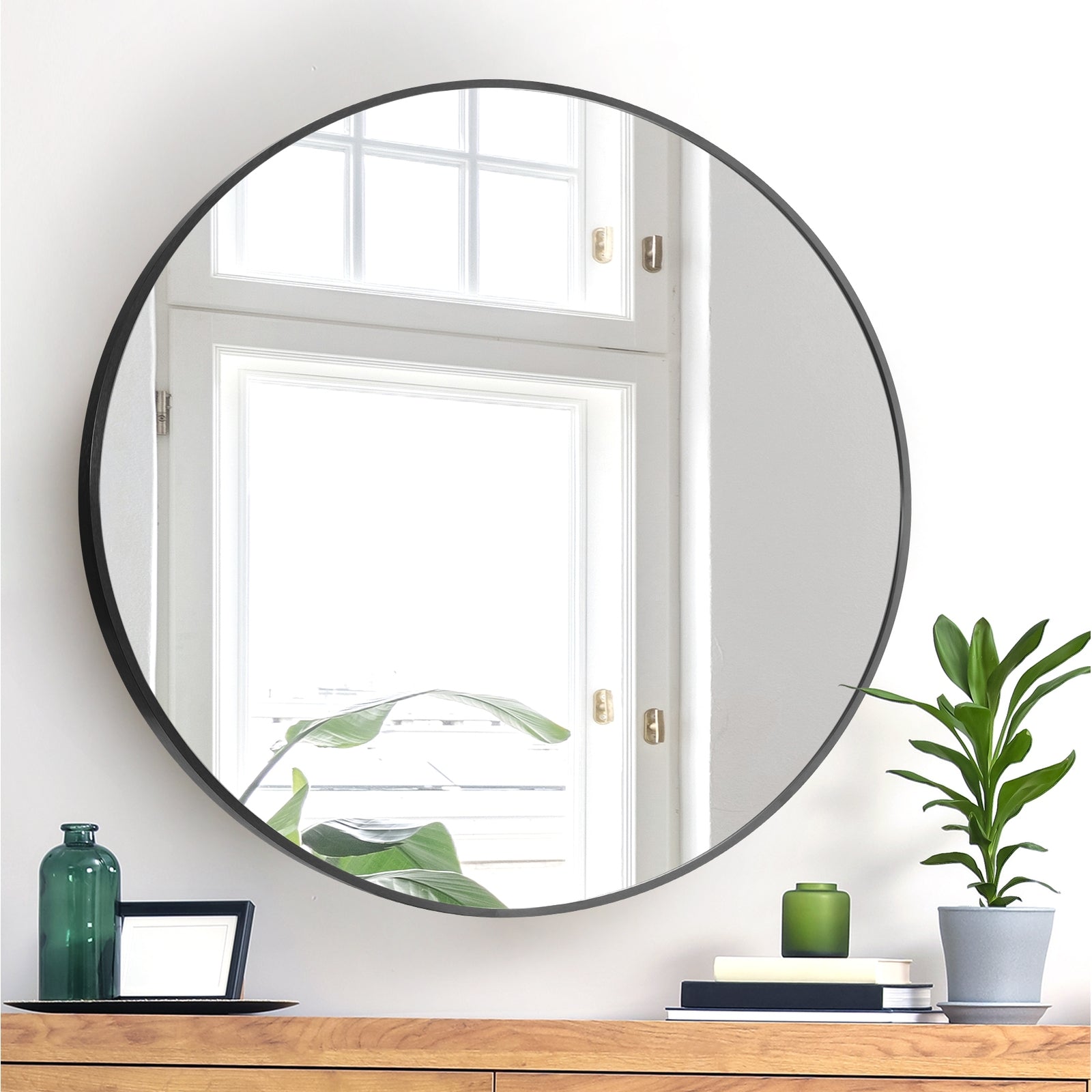 Oikiture Wall Mirrors Round Makeup Mirror Vanity Home Decorative Black 80cm - Sunyee