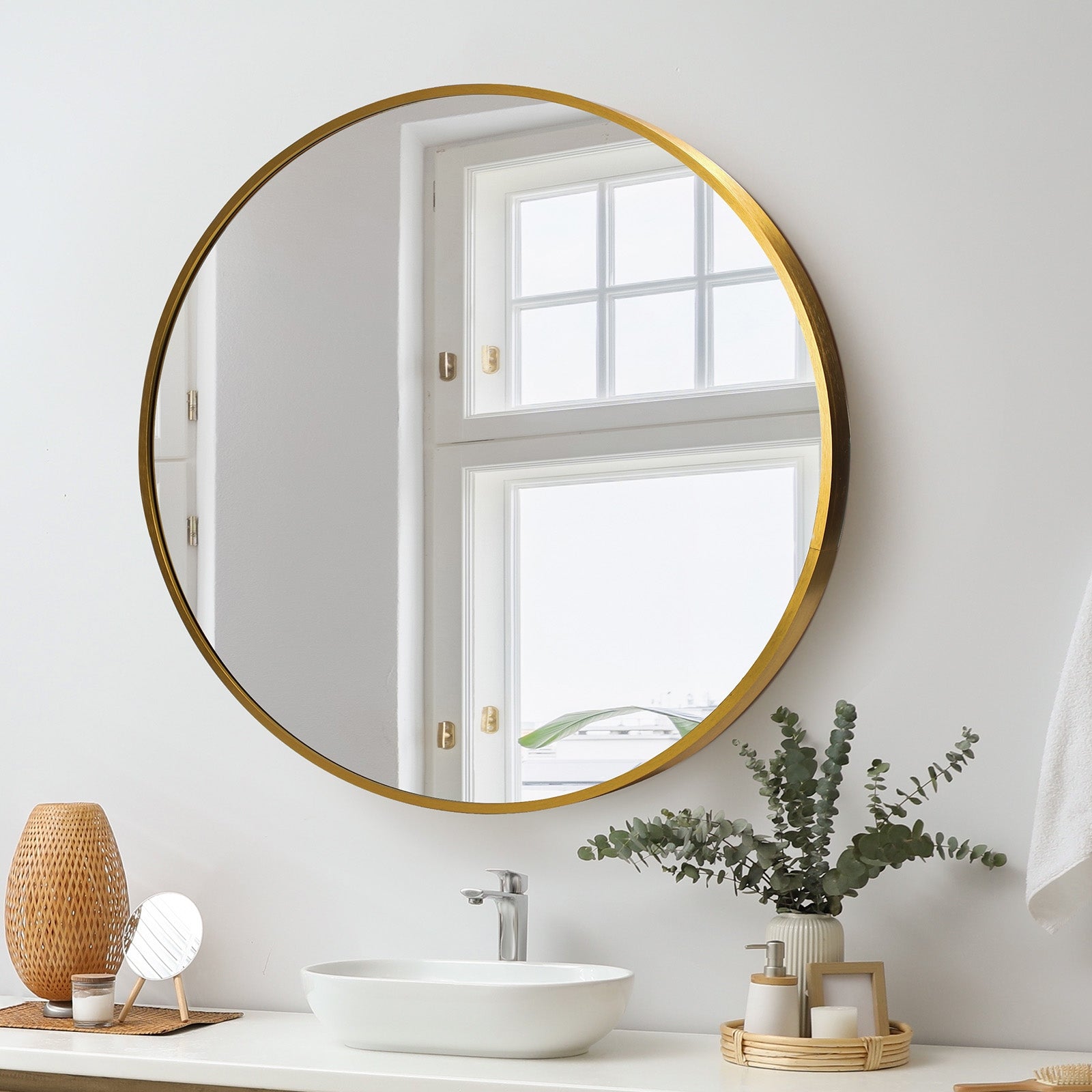 Oikiture Wall Mirrors Round Makeup Mirror Vanity Home Decorative Gold 80cm - Sunyee