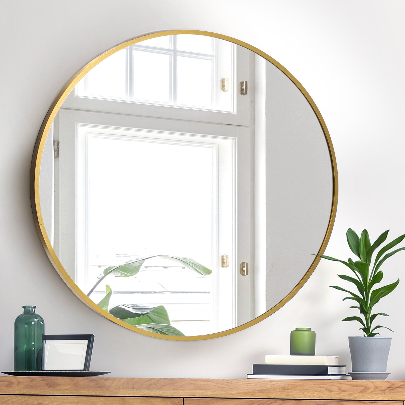 Oikiture Wall Mirrors Round Makeup Mirror Vanity Home Decorative Gold 80cm - Sunyee